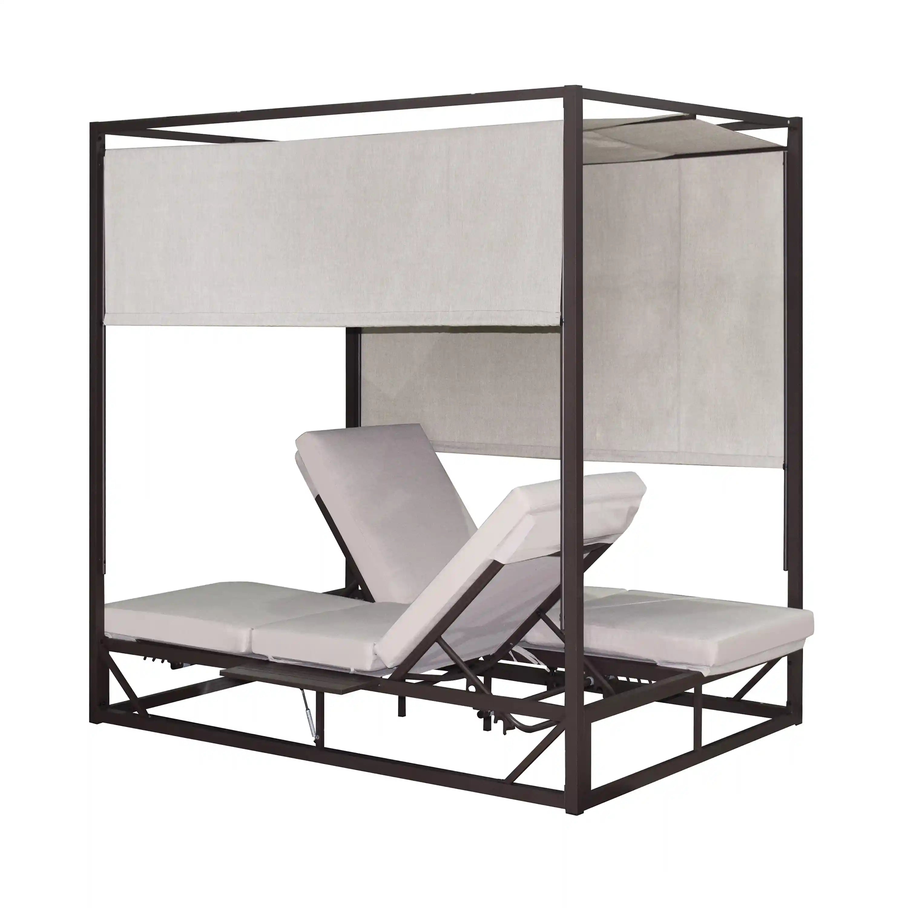 Outdoor canopy daybed with beige lounge cushions and dark brown metal frame