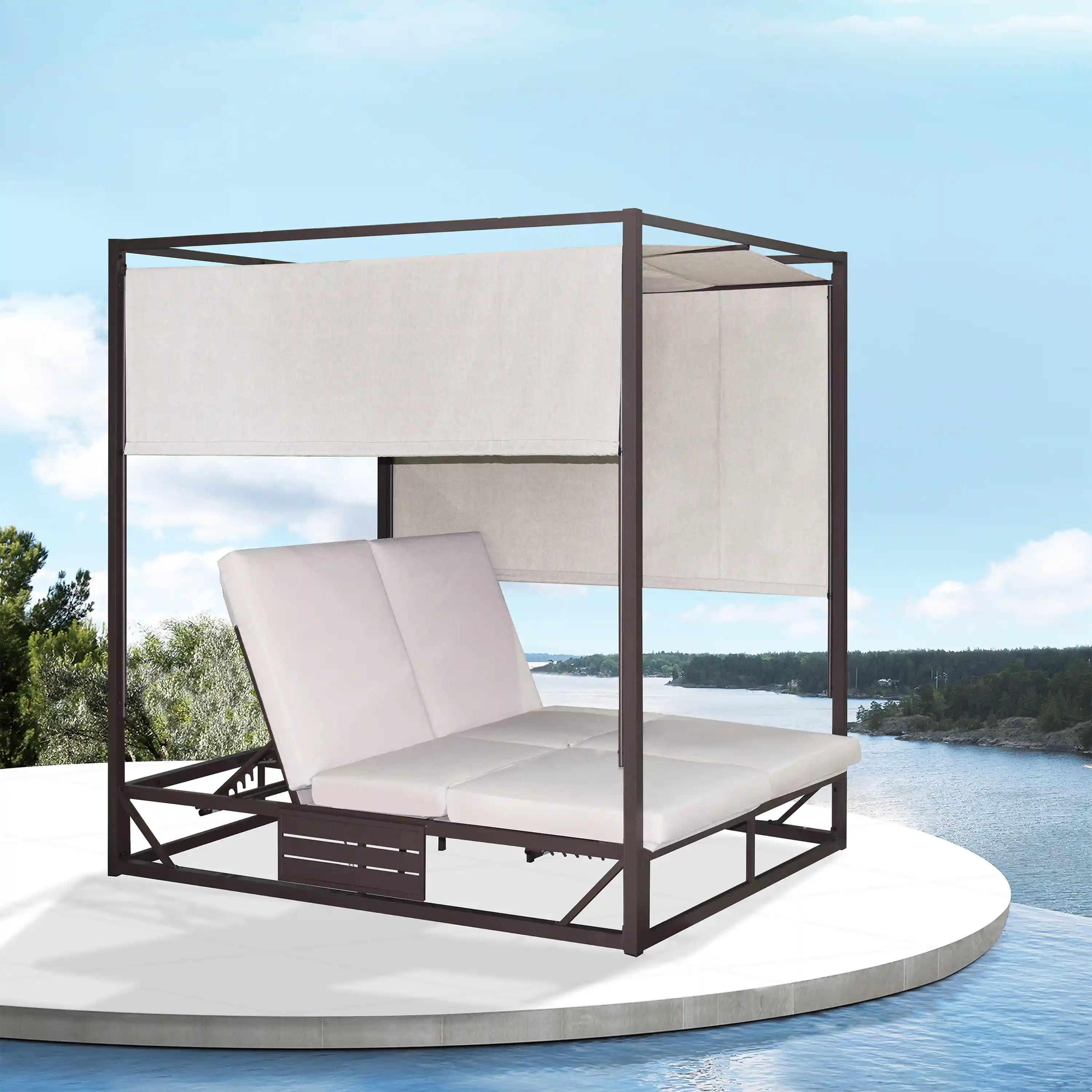 Outdoor daybed with canopy, beige cushions, dark brown frame
