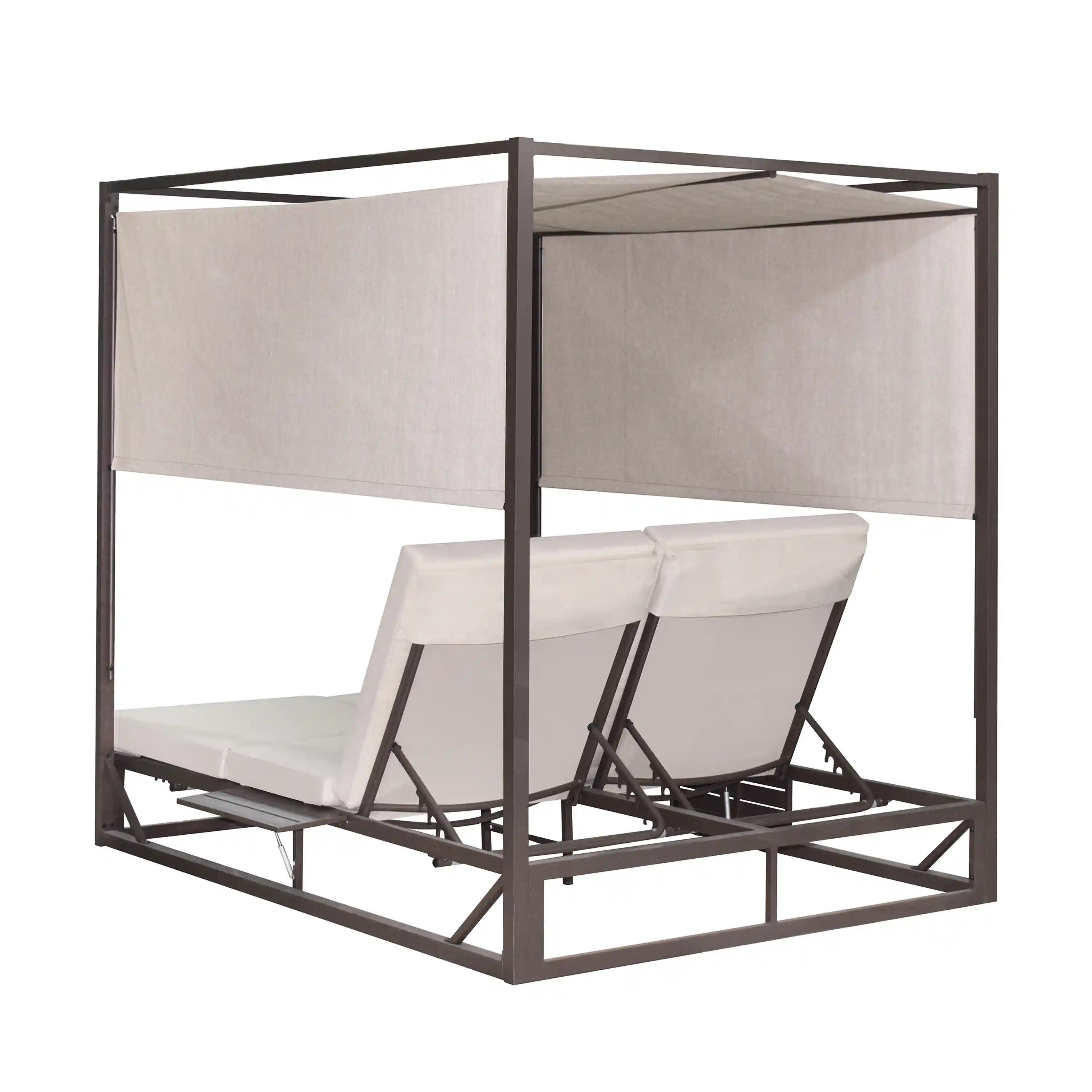 Outdoor canopy daybed with beige seat cushions and dark brown metal frame