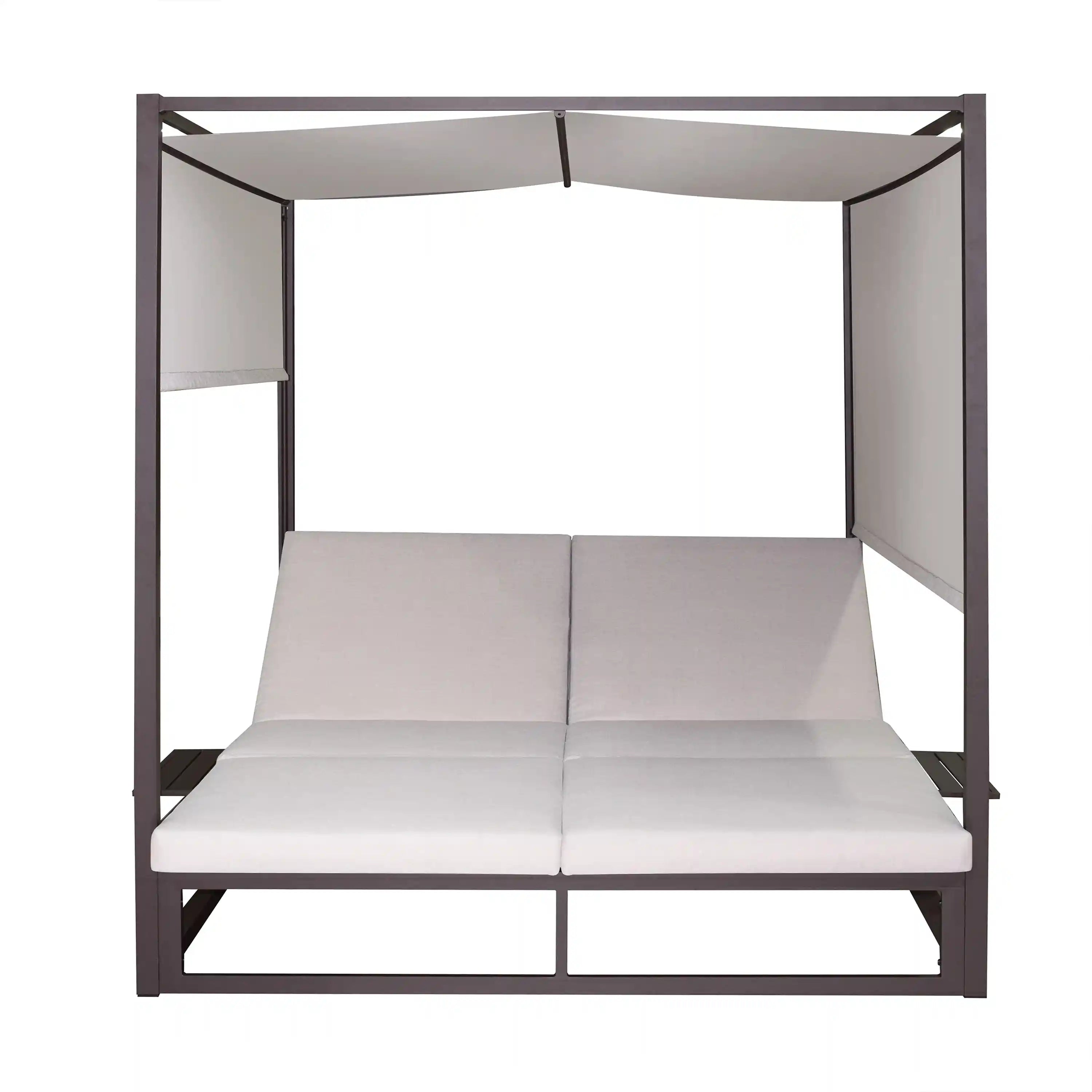 Outdoor canopy daybed with two-seat beige cushions and dark frame