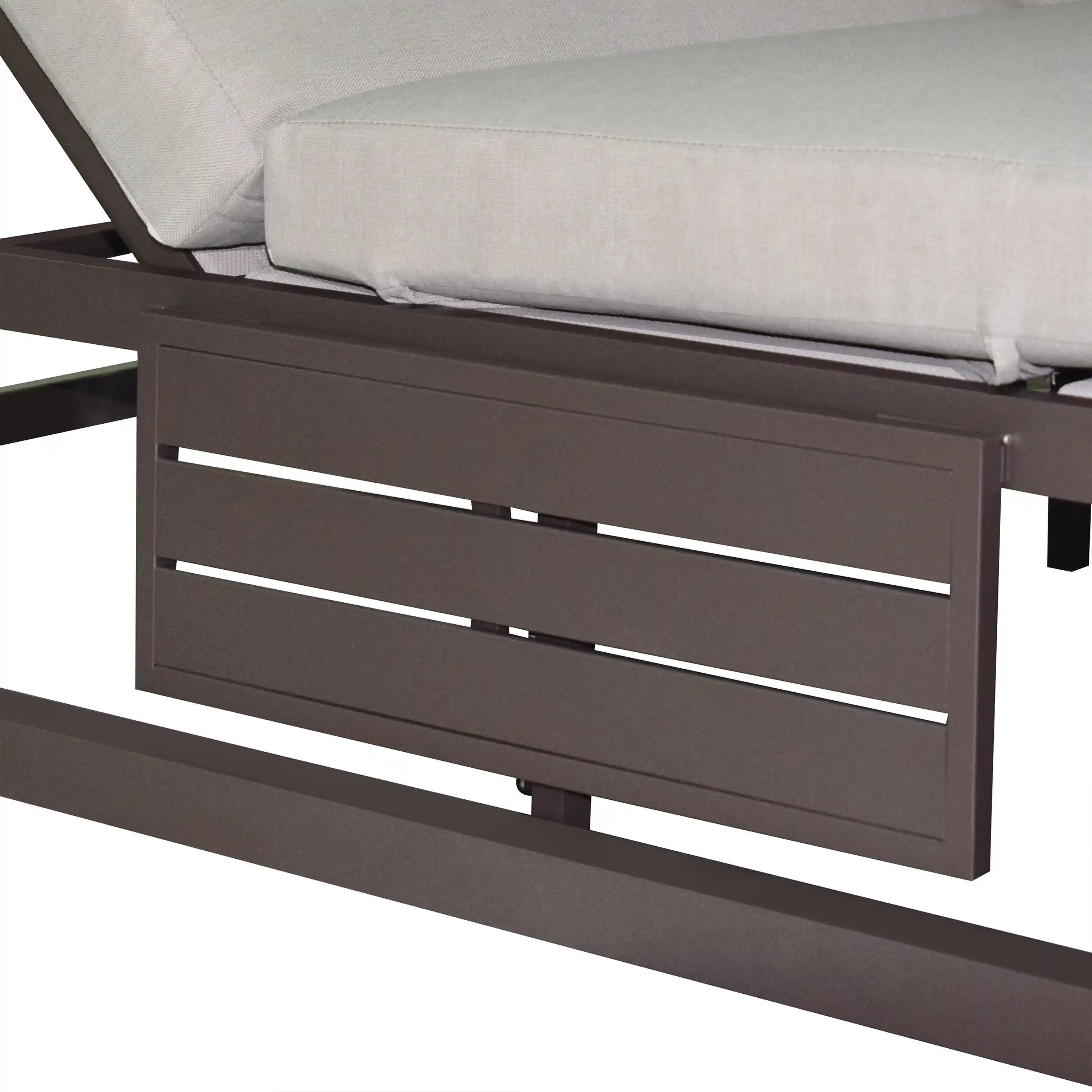 Outdoor daybed front slat panel with beige seat cushion and dark brown frame