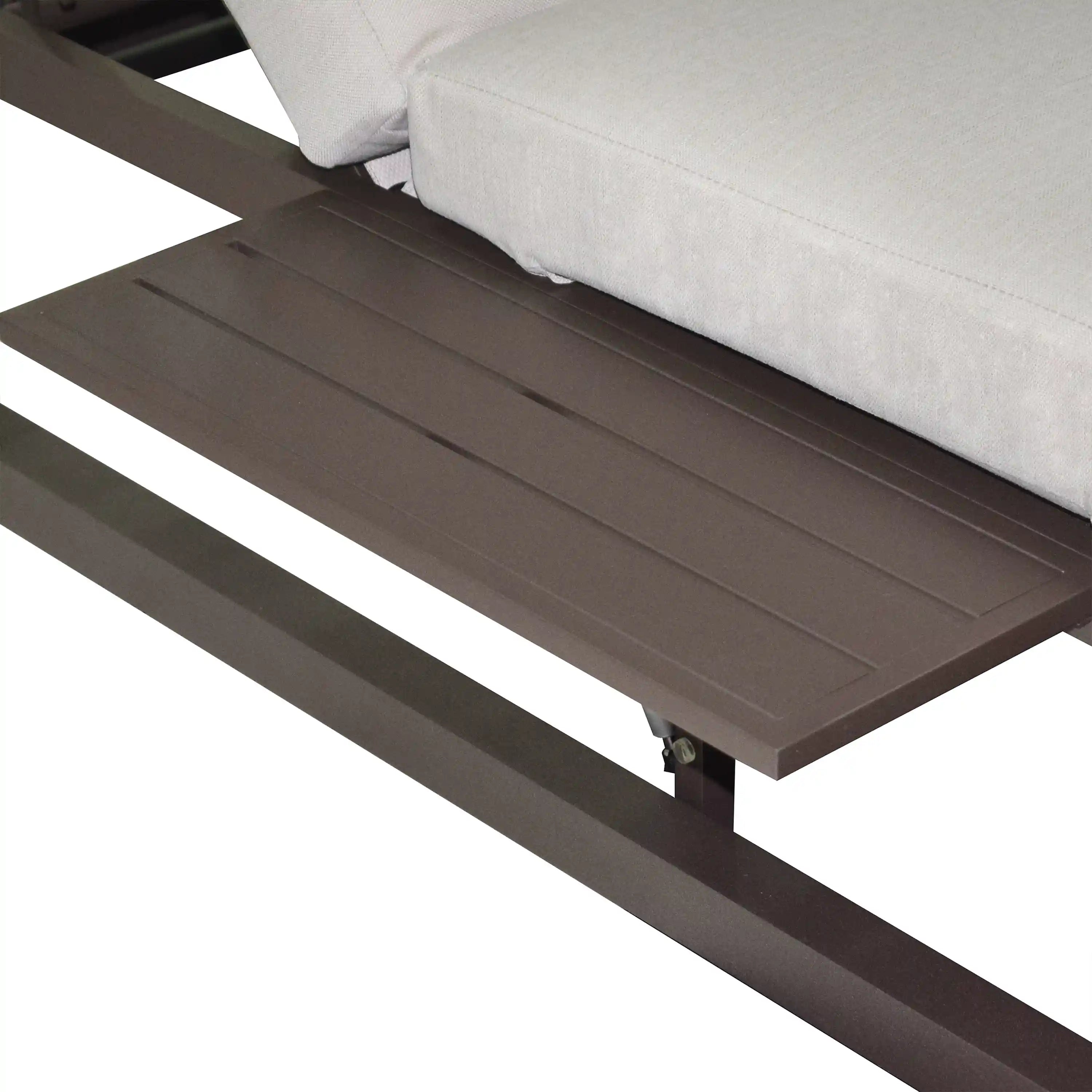 Outdoor daybed base with dark brown slats and beige cushion edge