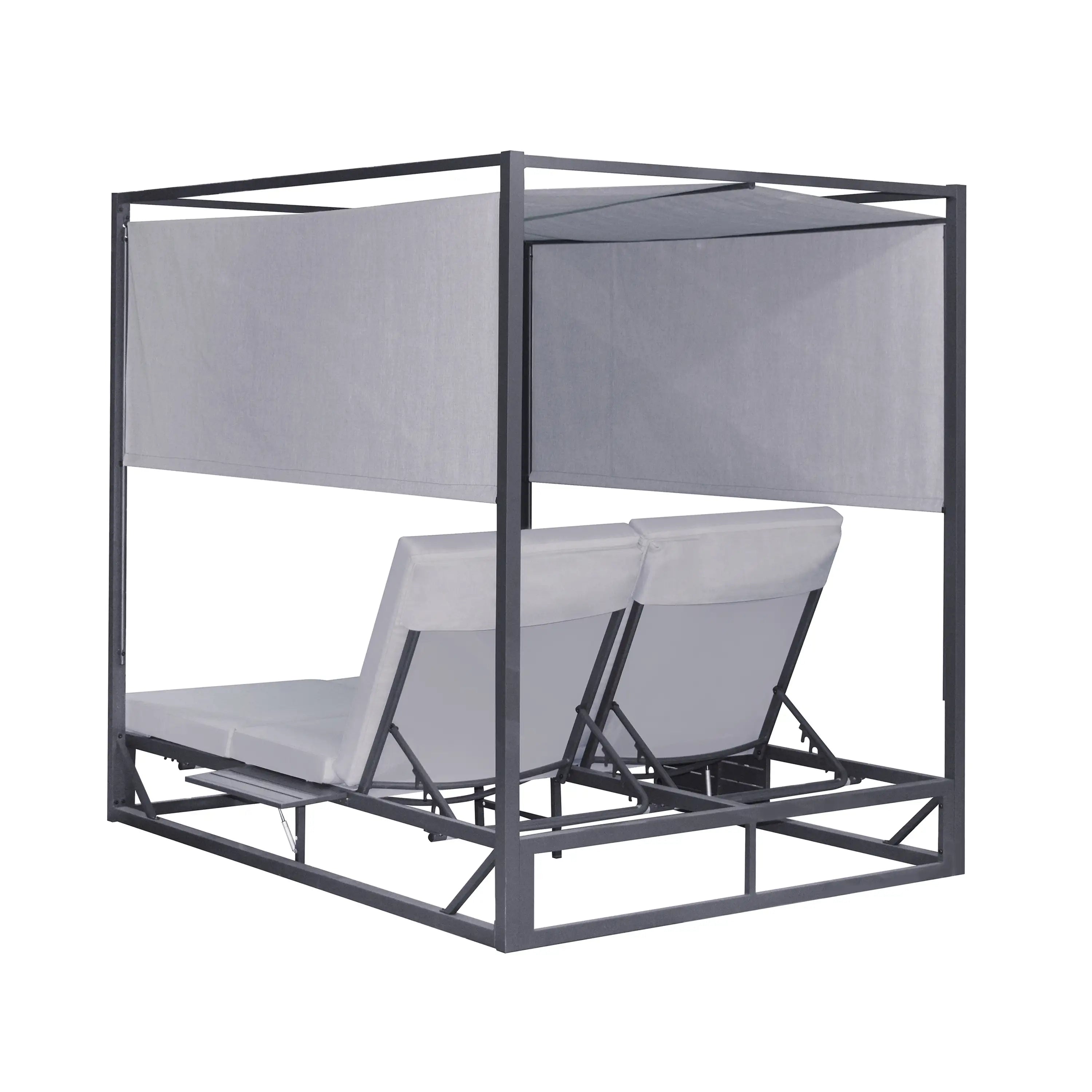 Gray outdoor patio daybed with two seat cushions and canopy panels, angled view