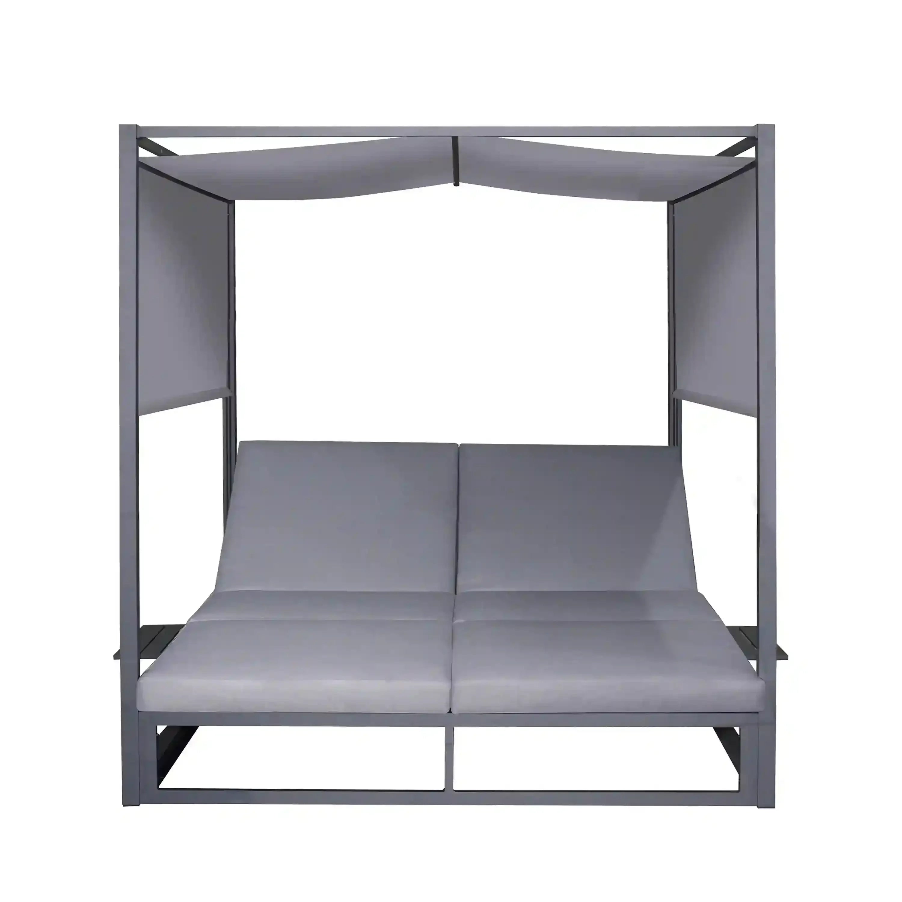 Gray rectangular outdoor patio daybed with two-seat bench and canopy top