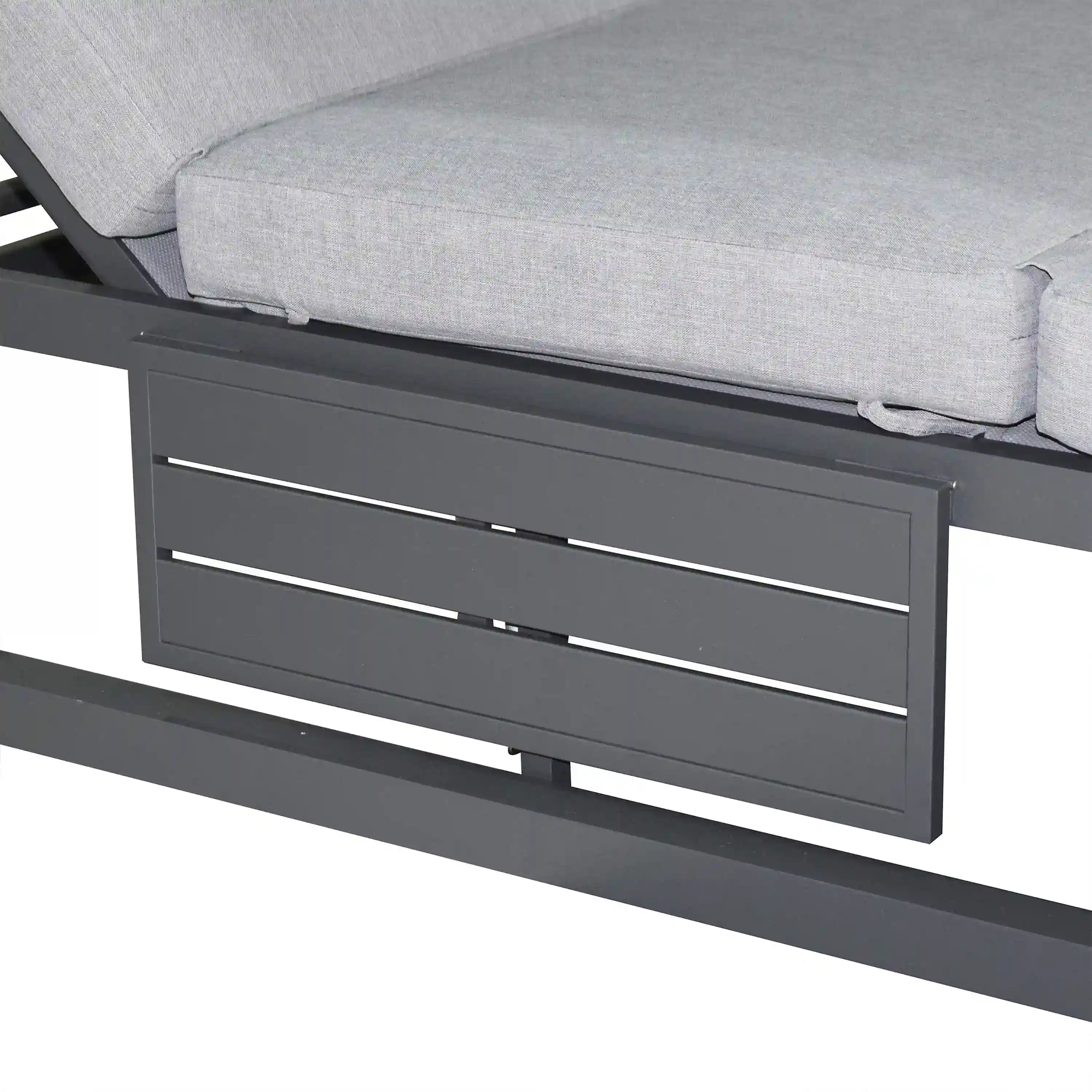 Gray daybed front panel with two parallel slats and upholstered seat cushion