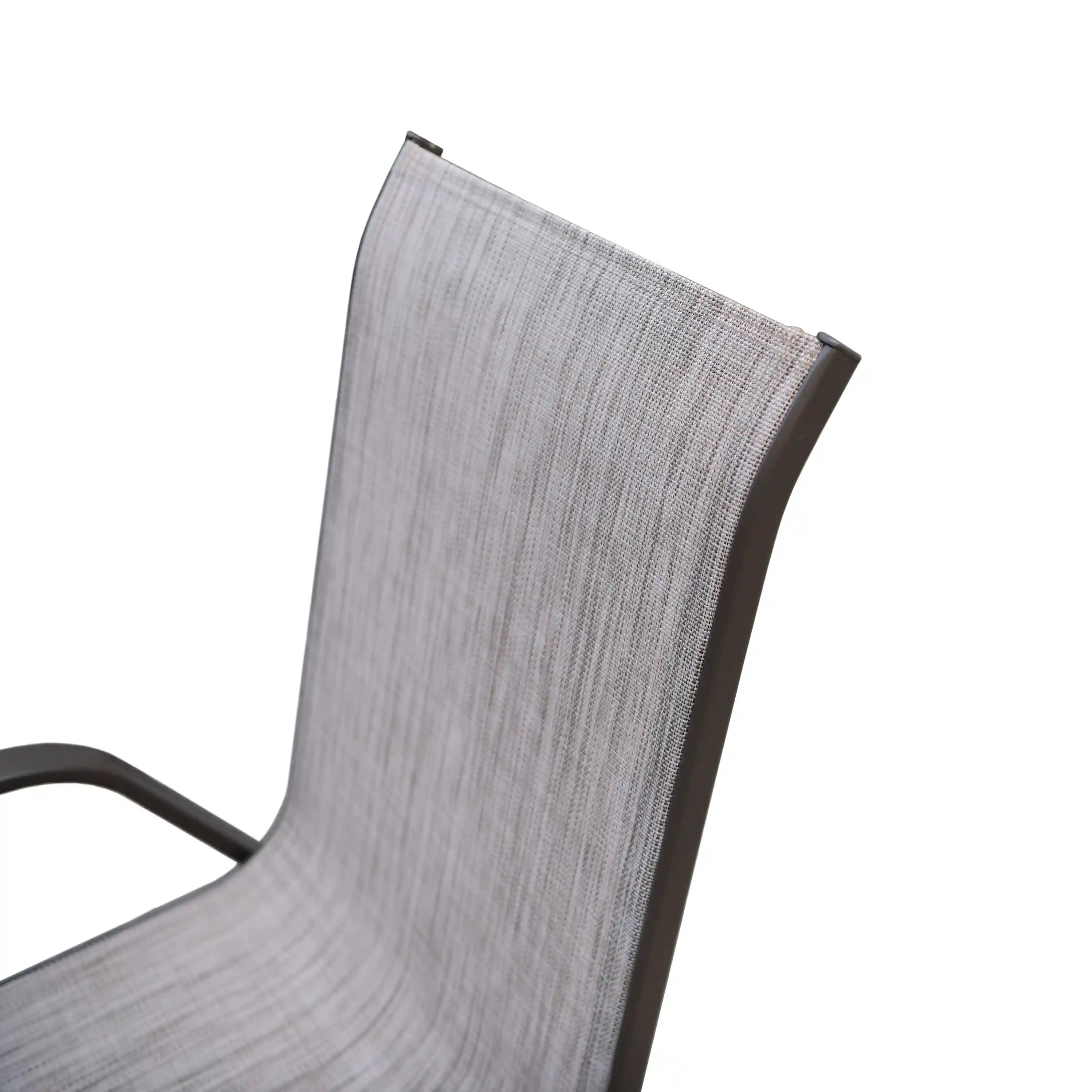 Gray outdoor dining chair backrest with woven mesh texture and black metal frame