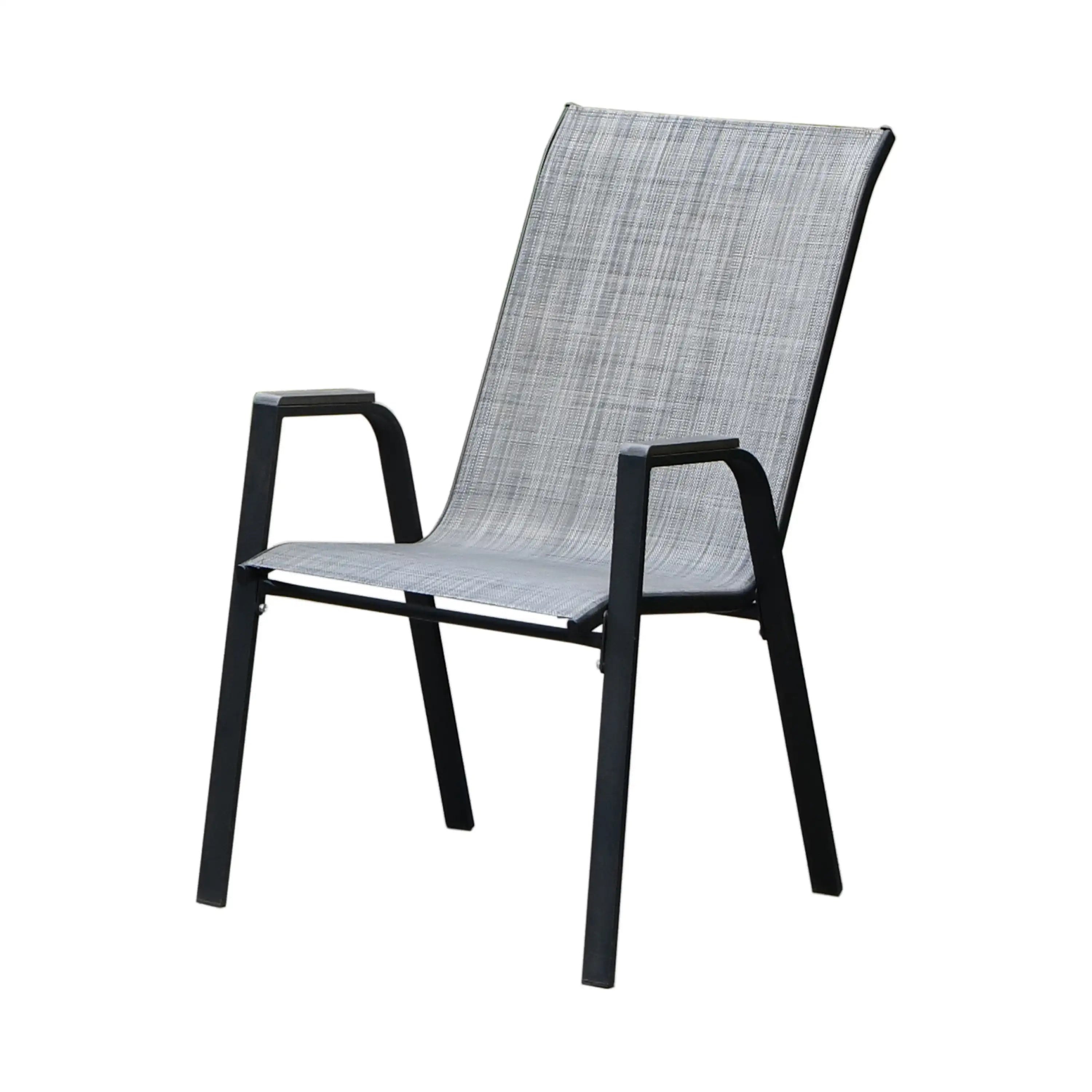 Gray outdoor dining chair with woven back and seat, black metal legs
