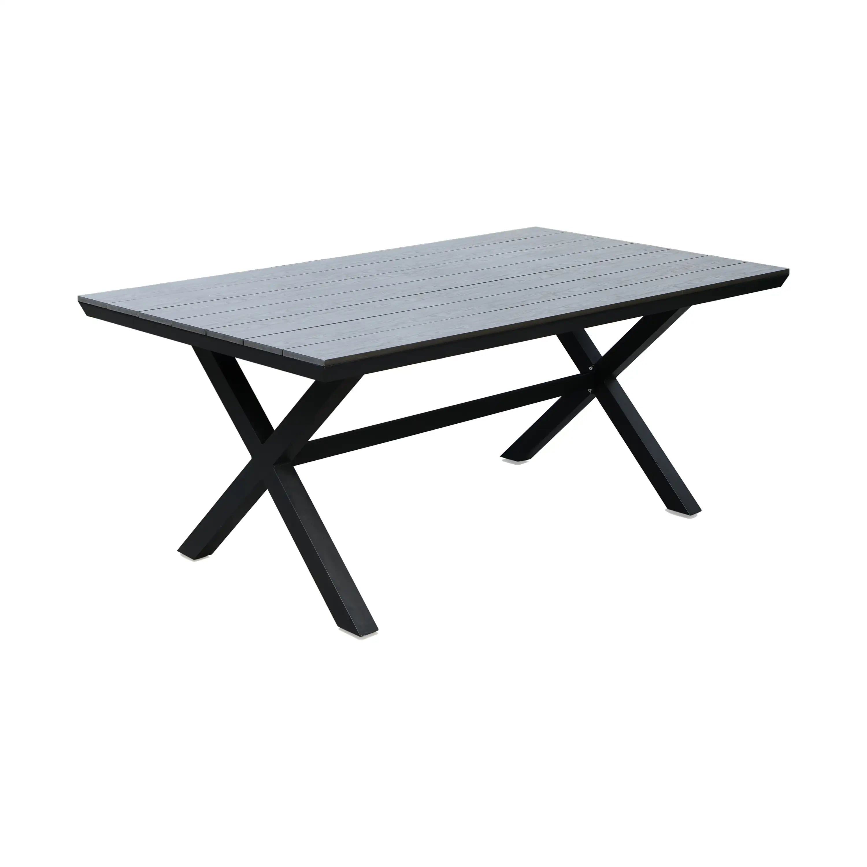Black metal outdoor dining table with gray slatted tabletop