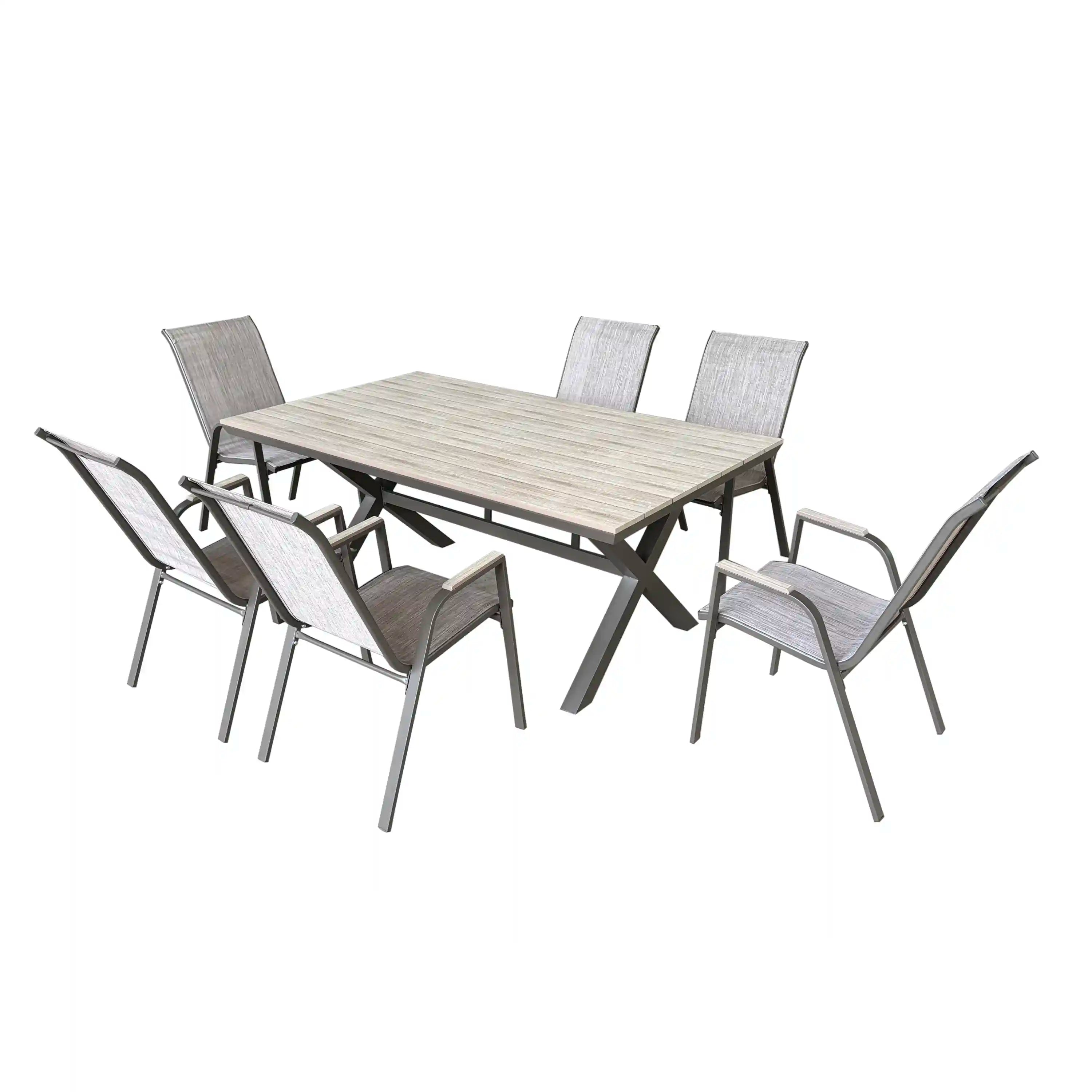 Outdoor dining table with six matching chairs, gray sling seats, dark X-style base