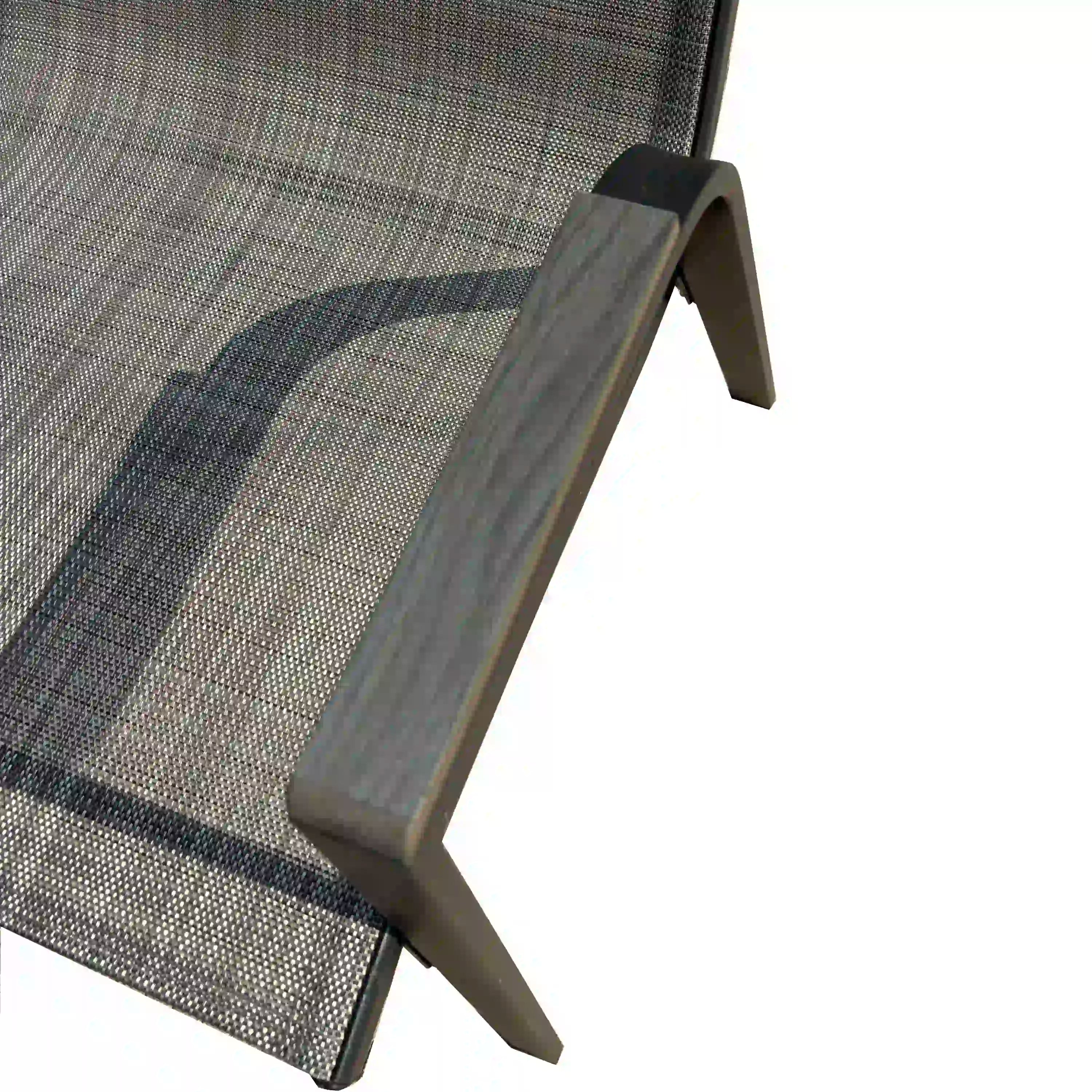 Gray fabric sling chair section with curved armrest and dark metal frame