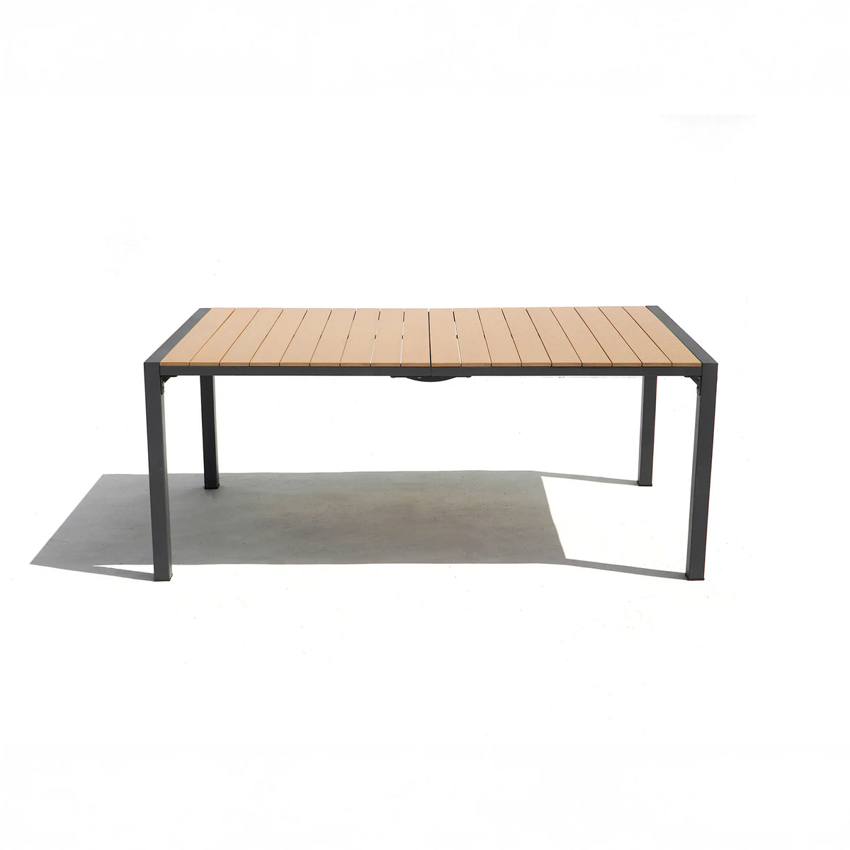 Rectangular outdoor dining table with wood-slat top and dark gray metal frame.