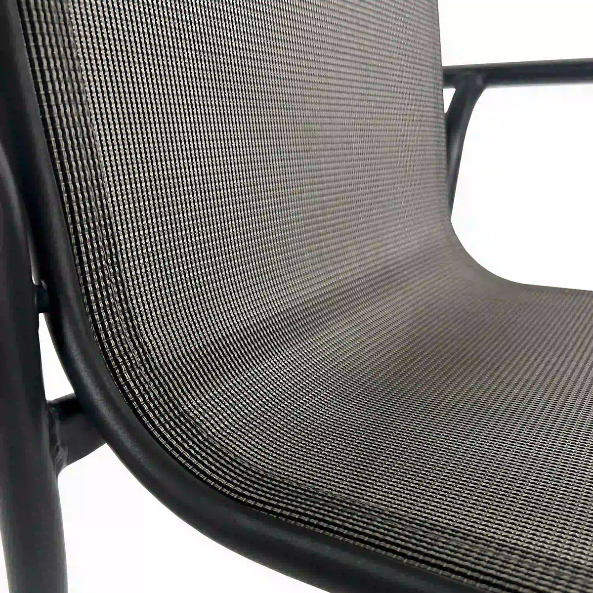 Outdoor chair close-up with woven grey mesh seat and back on dark frame