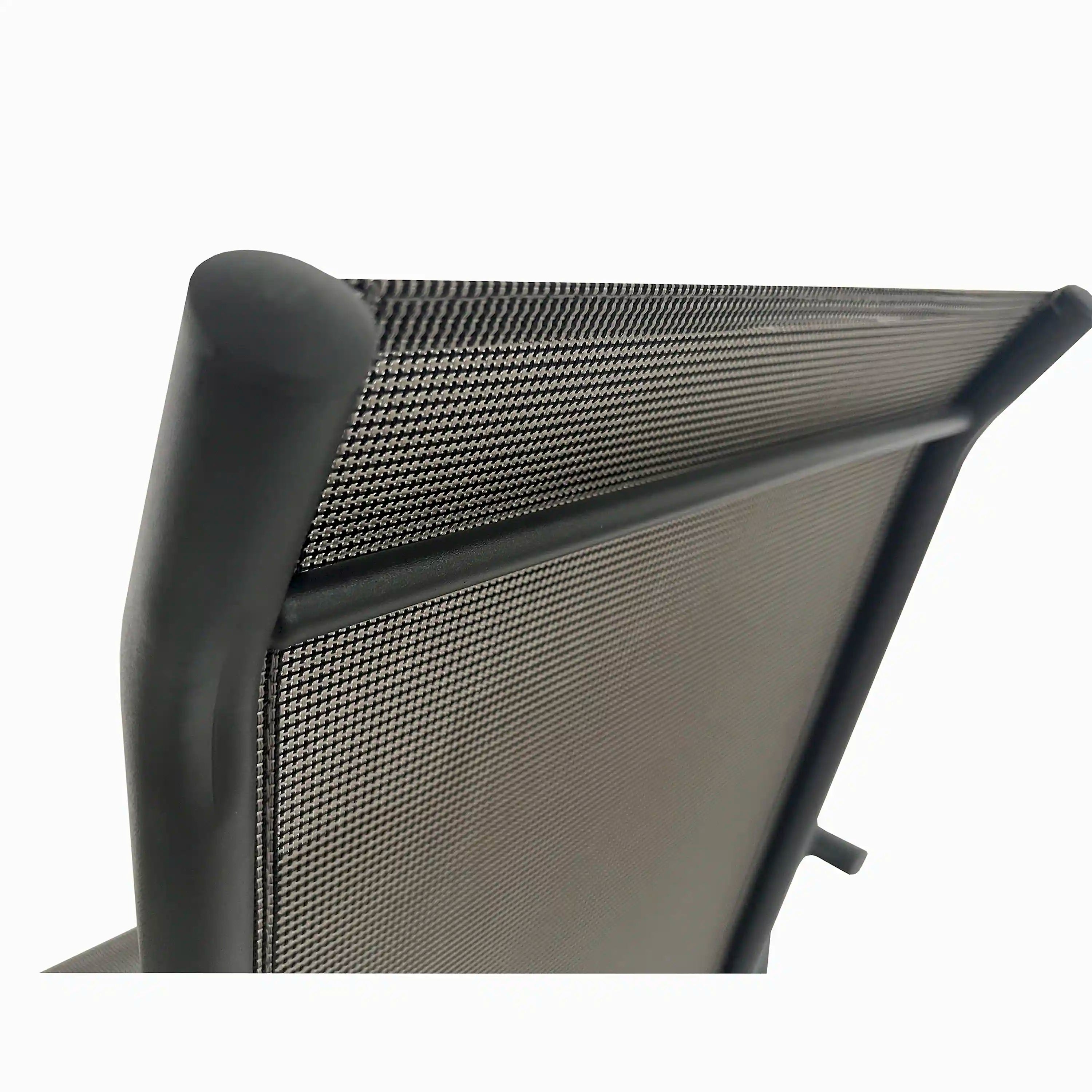 Stackable outdoor chair with woven grey mesh backrest and dark grey arm frame