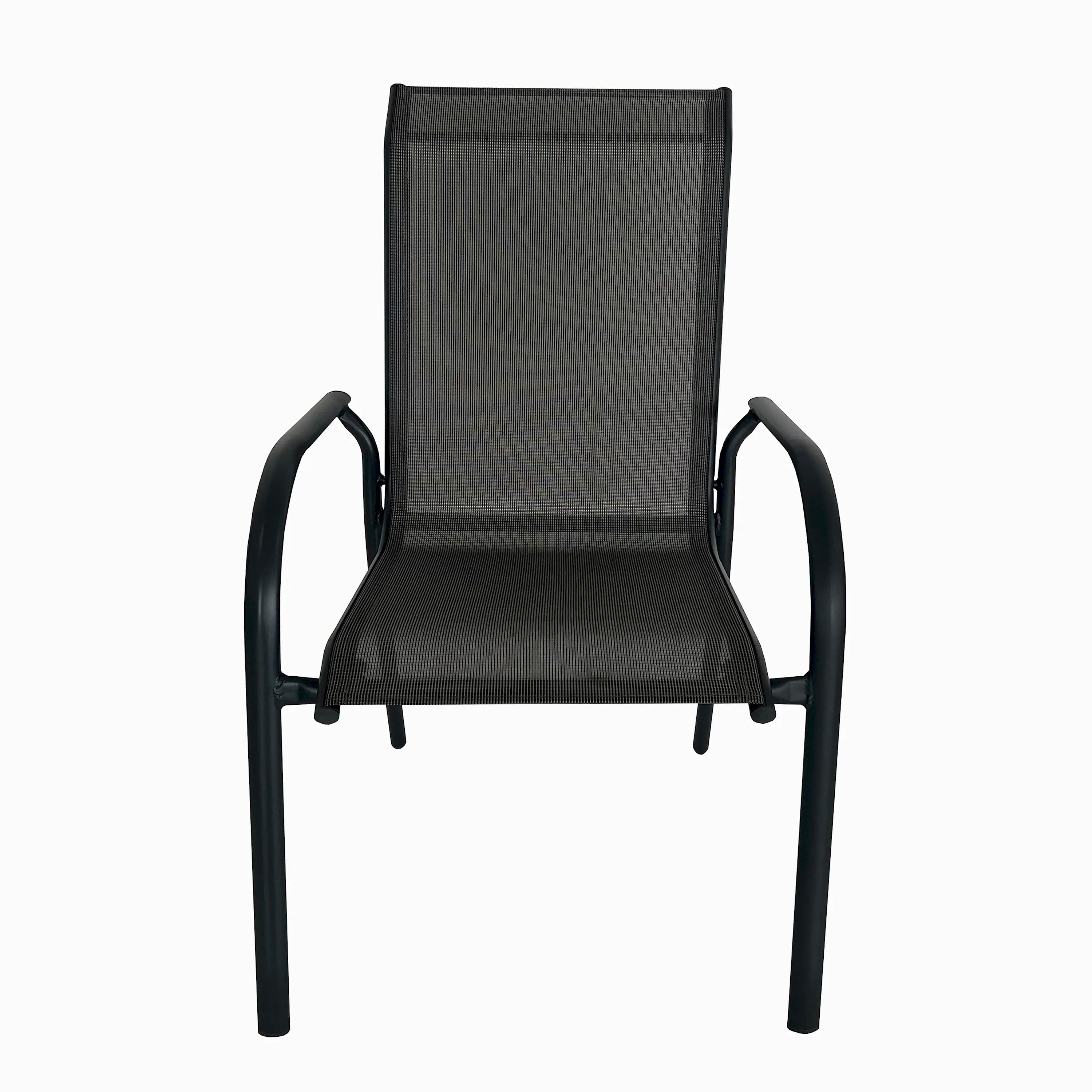 Dark mesh outdoor stackable dining chair with curved armrests and straight legs