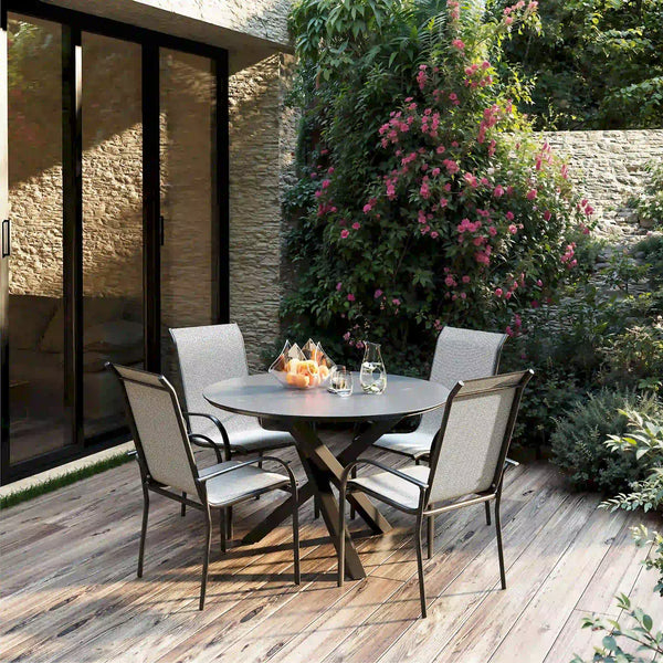 Deko Living 4 Place Seating Grey Outdoor Aluminum Round Patio Dining Table and Stackable Chairs Set (COP30704)