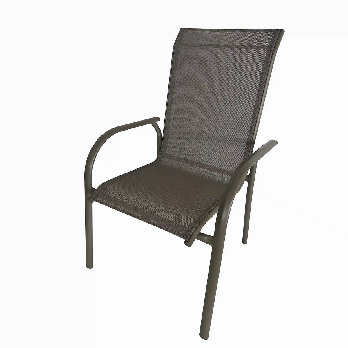 Stackable outdoor patio chair with dark mesh seat, tall back, curved armrests, metal frame