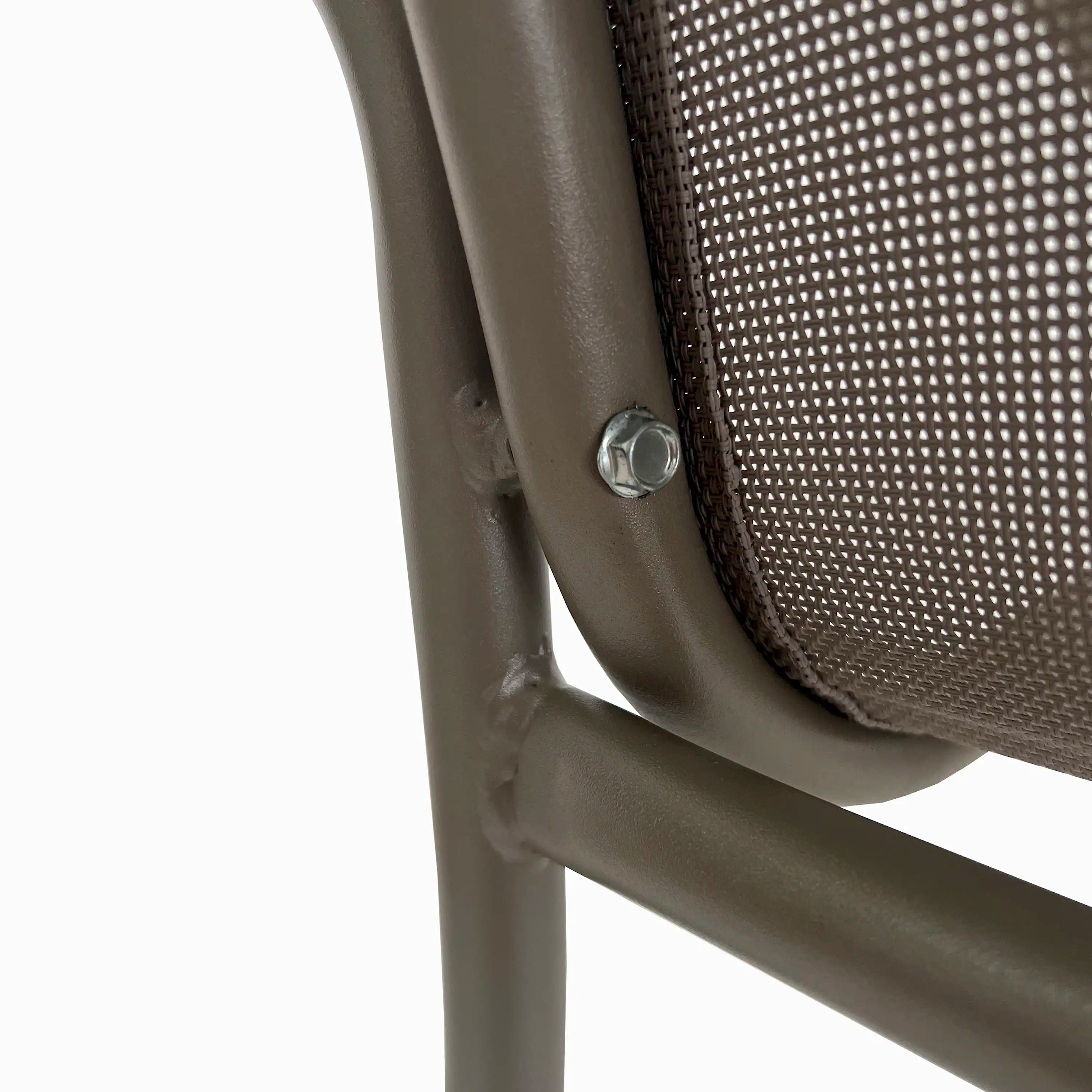 Champagne outdoor chair arm and mesh back with metal screw detail