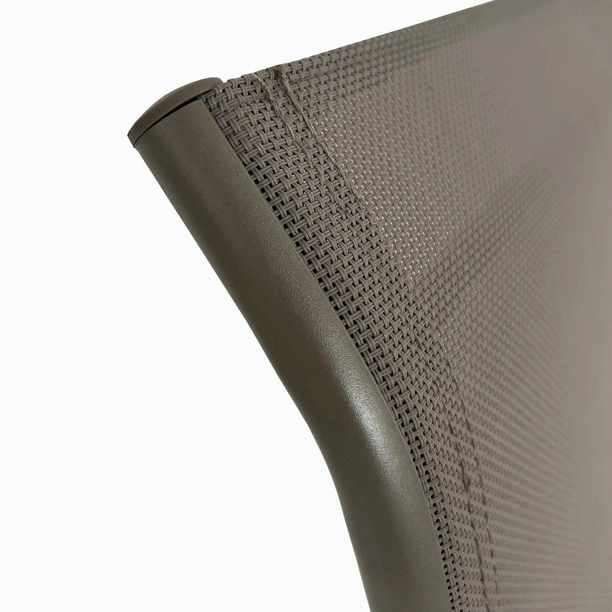 Champagne outdoor chair back with woven mesh and curved aluminum side frame
