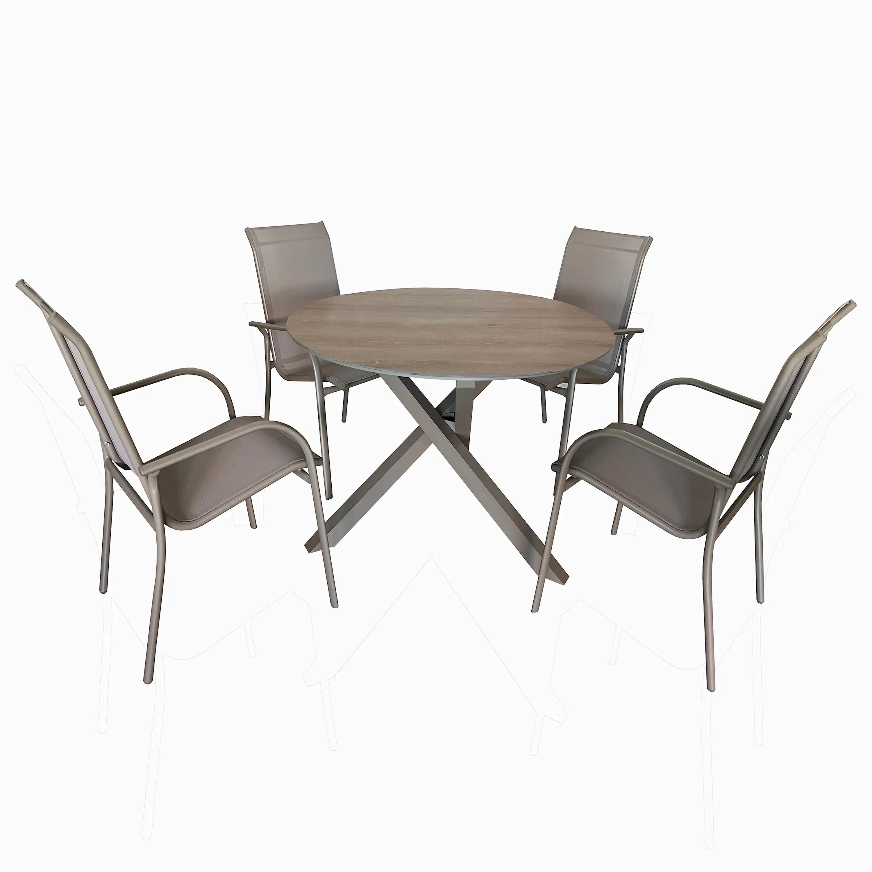 4-piece outdoor dining set with round table and four stackable mesh chairs, champagne