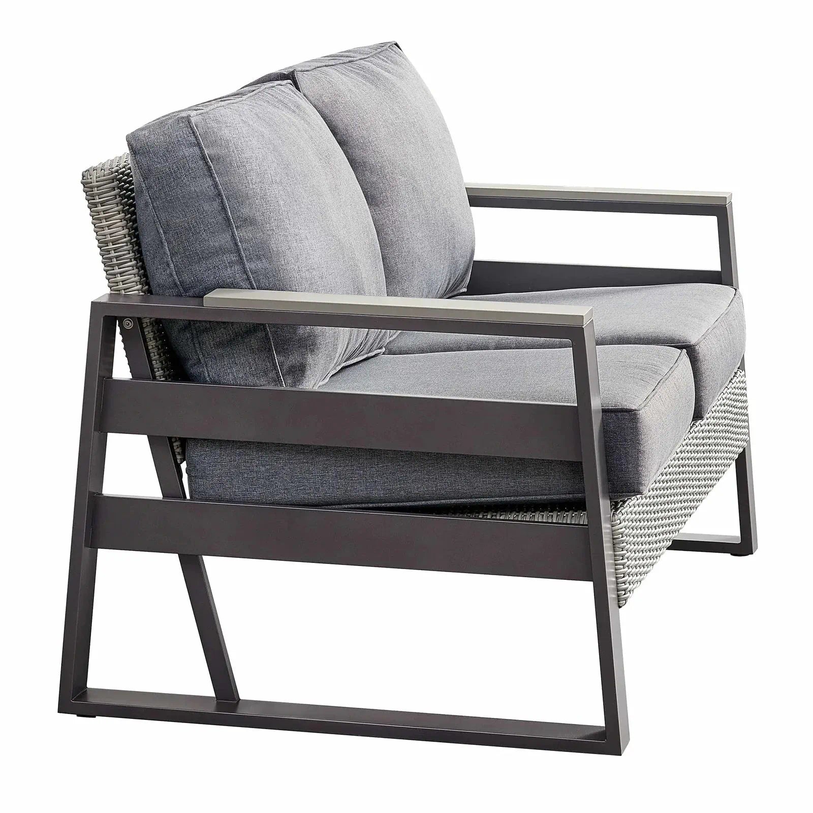 Outdoor lounge chair with gray cushions, dark arm frame, and gray woven side panel
