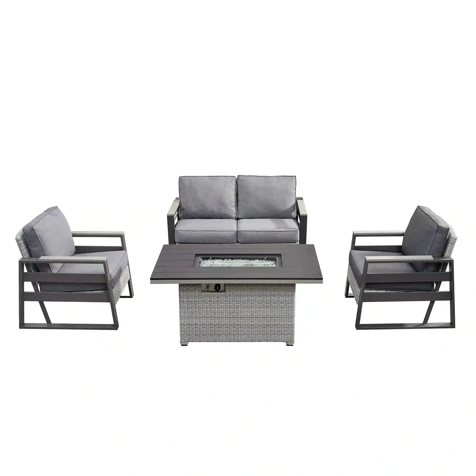 Outdoor patio set with two chairs and center firepit table, gray seat cushions