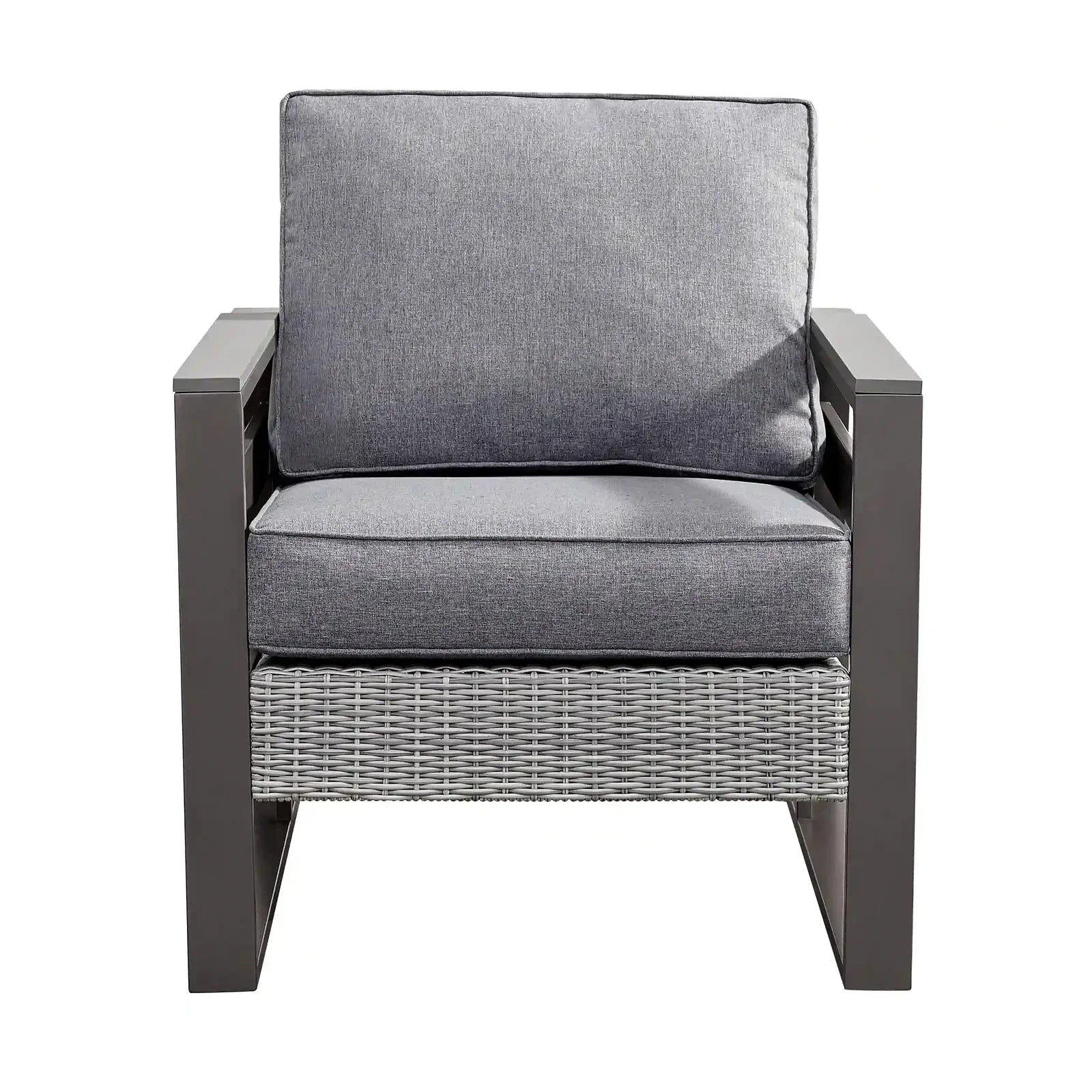 Outdoor lounge chair with gray upholstered back and seat cushions, woven base, dark arms