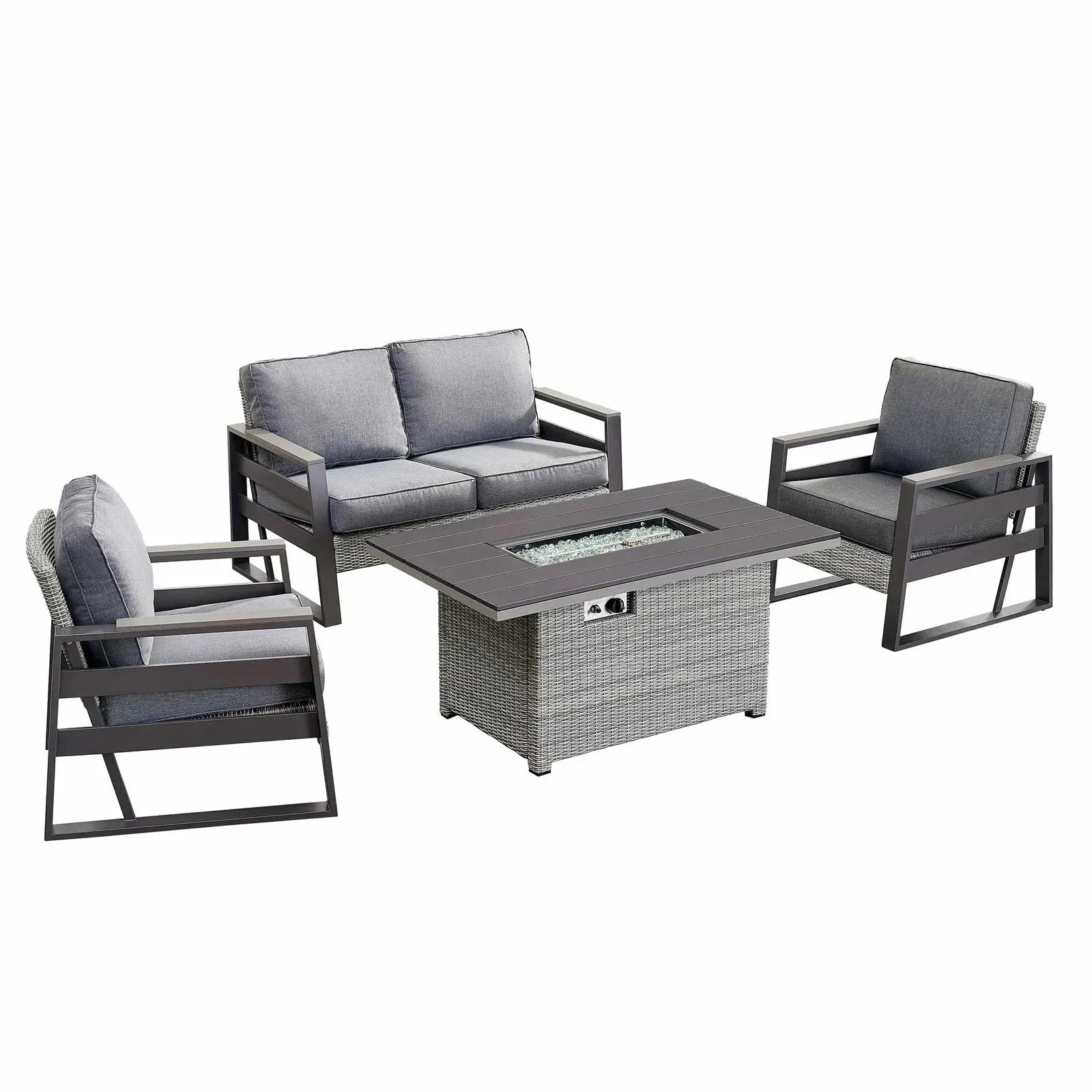 Outdoor patio seating set with three chairs and gray fire pit table with woven texture