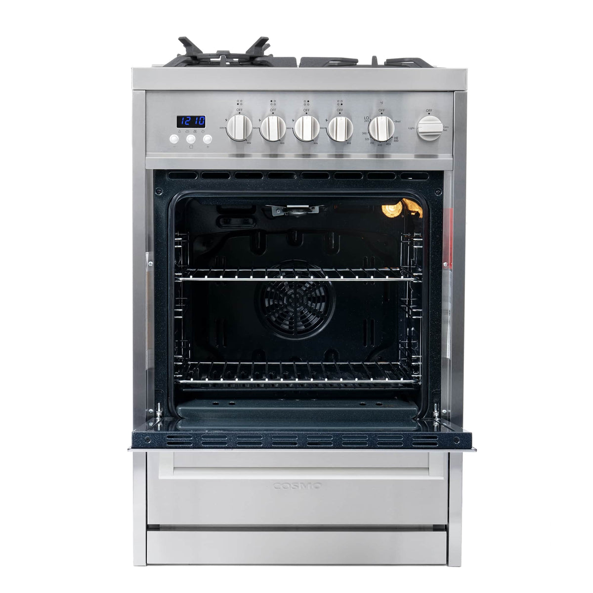 Stainless steel gas oven with open door and visible bake interior rack