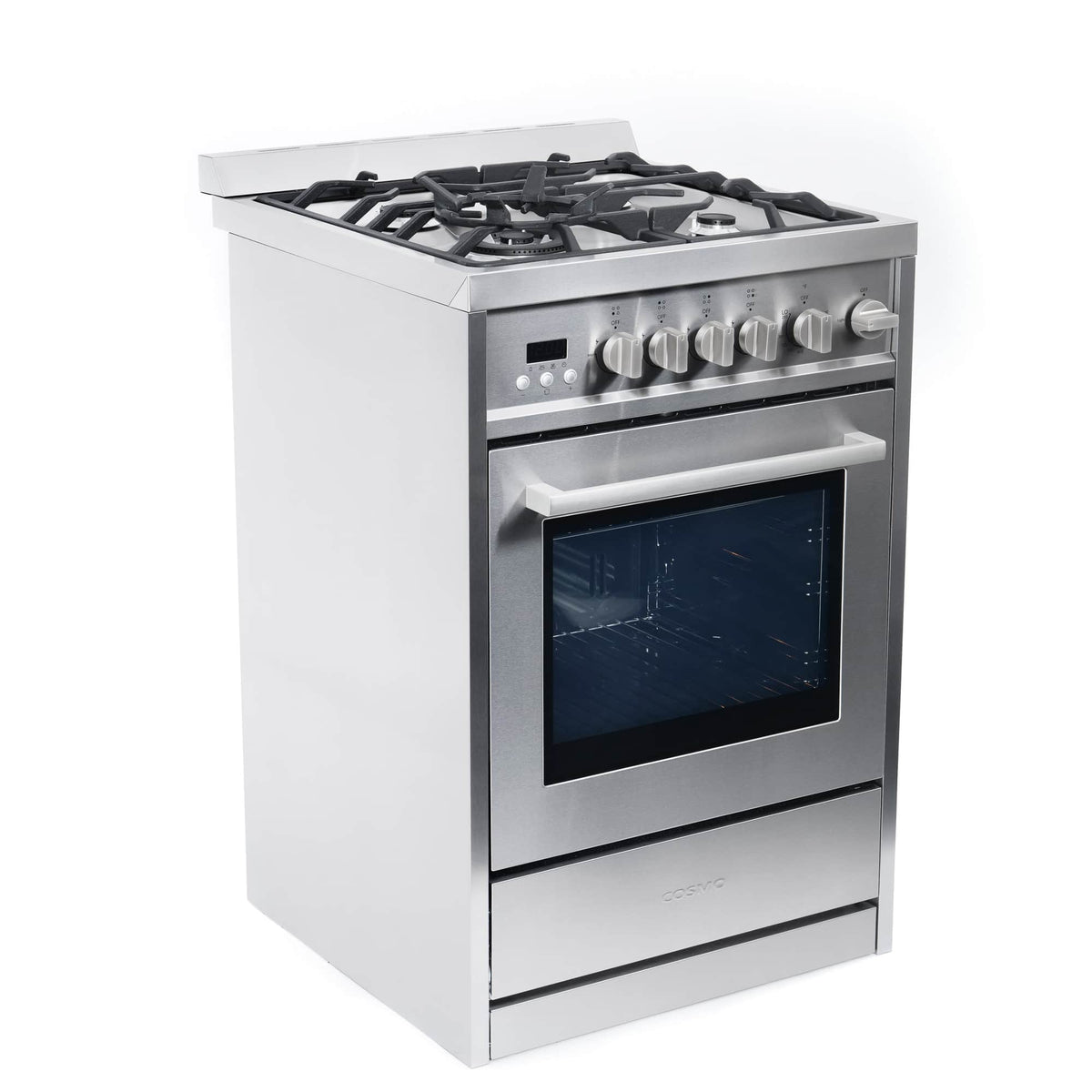 Stainless steel gas range with 4-burner cooktop and single oven with black window