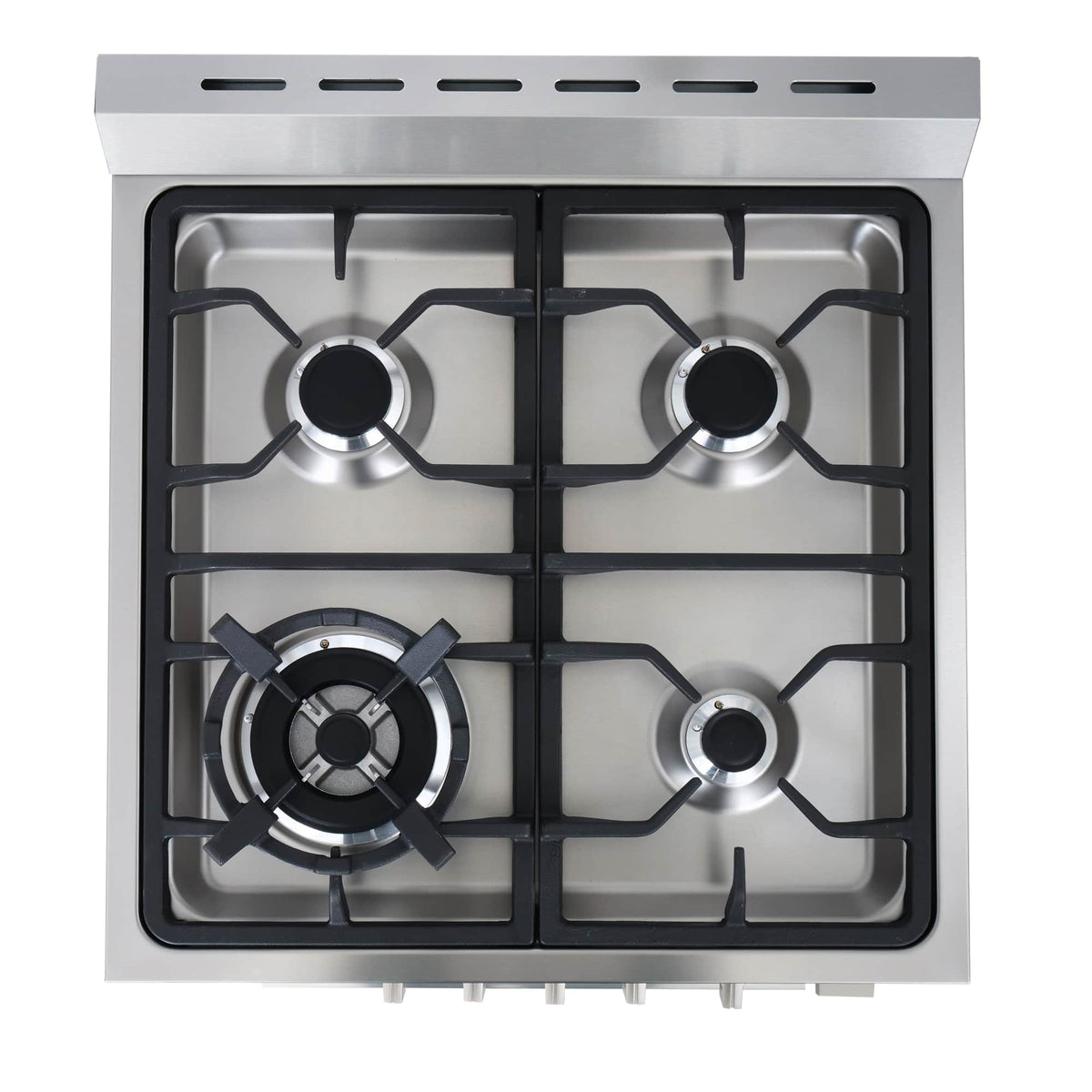 Stainless steel gas cooktop top view with four burner grates and control knobs