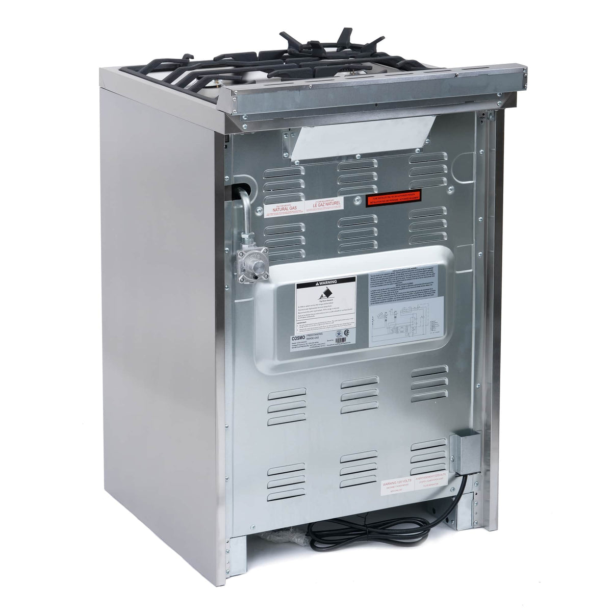Stainless steel gas range back panel with electrical and gas connection access