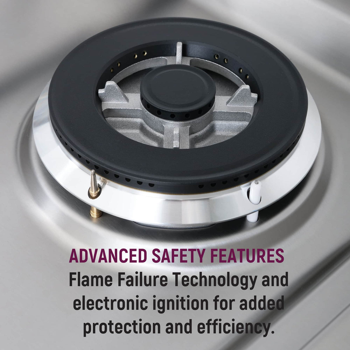 Gas cooktop burner with black circular grate and silver burner ring