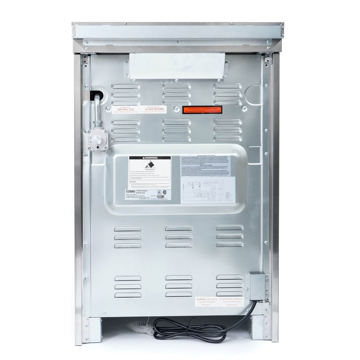 Stainless steel gas range rear access panel with wiring and labels
