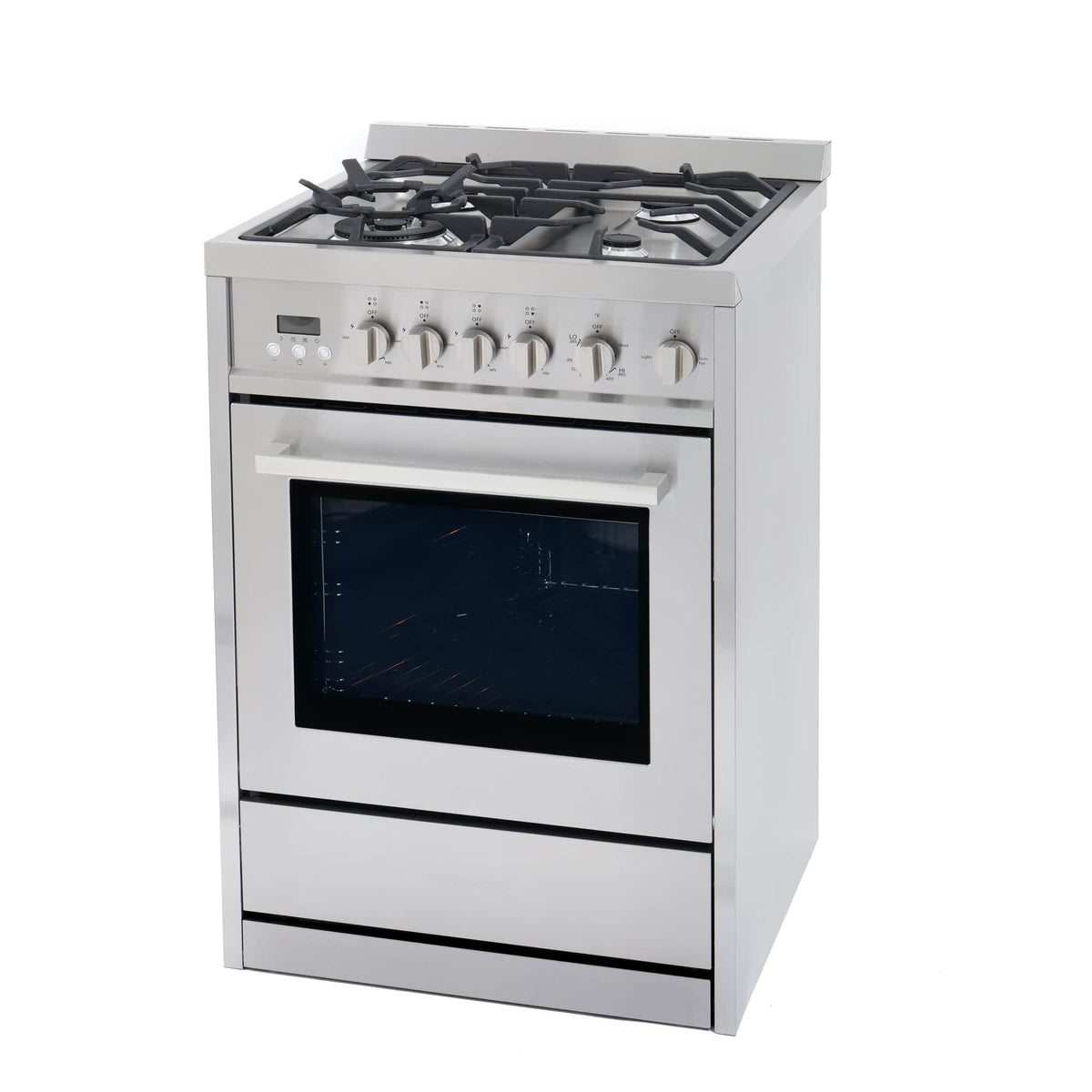 Stainless steel freestanding gas range with four-burner cooktop and oven