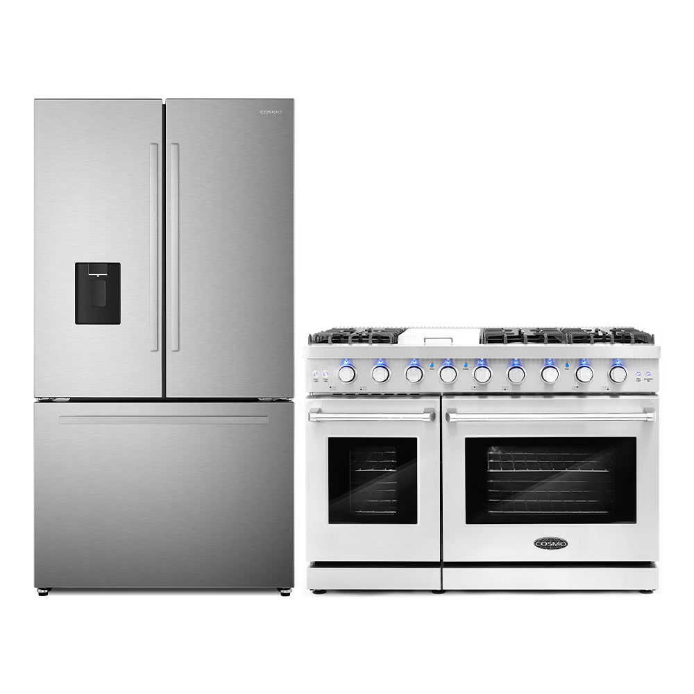 Stainless steel refrigerator and 48-inch gas range with dual oven doors and control knobs