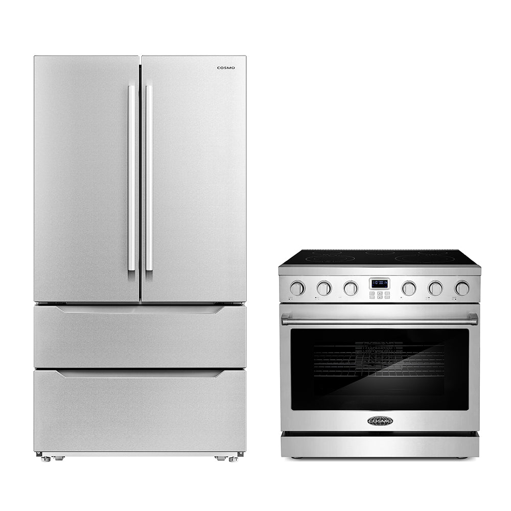 Two-piece appliance set with stainless refrigerator and electric range side by side