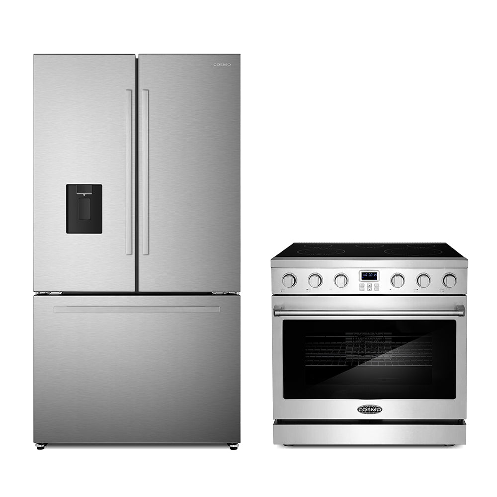 Stainless steel refrigerator and electric range side-by-side, with black dispenser panel