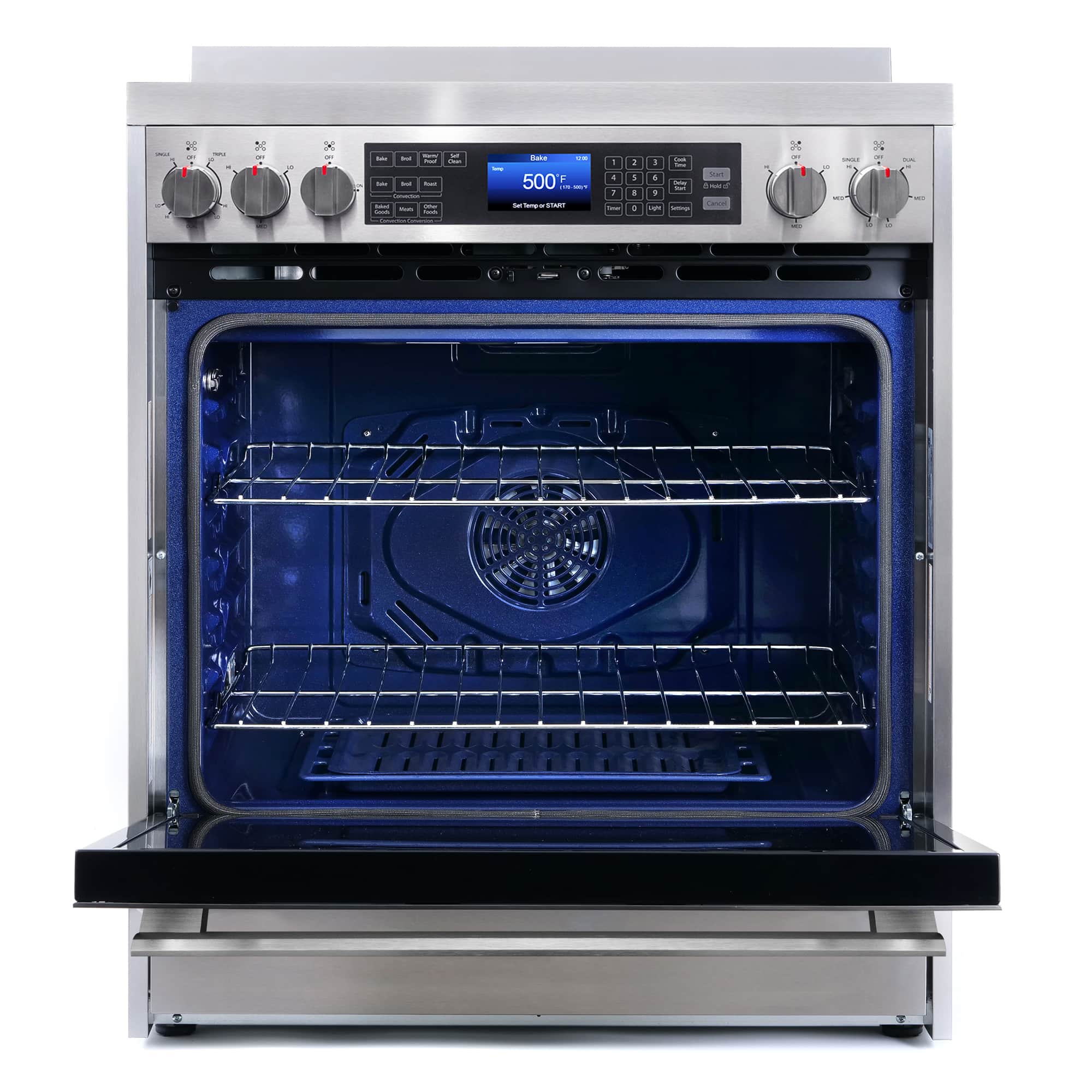 Stainless steel electric oven with open door and illuminated blue cooking interior