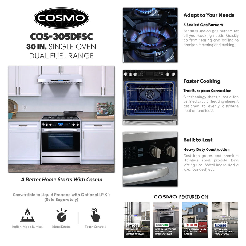 Cosmo 4-Piece Appliance Package - 30-Inch Dual Fuel Range, Under Cabinet Range Hood, Dishwasher and Refrigerator in Stainless Steel (COS-4PKG-035)