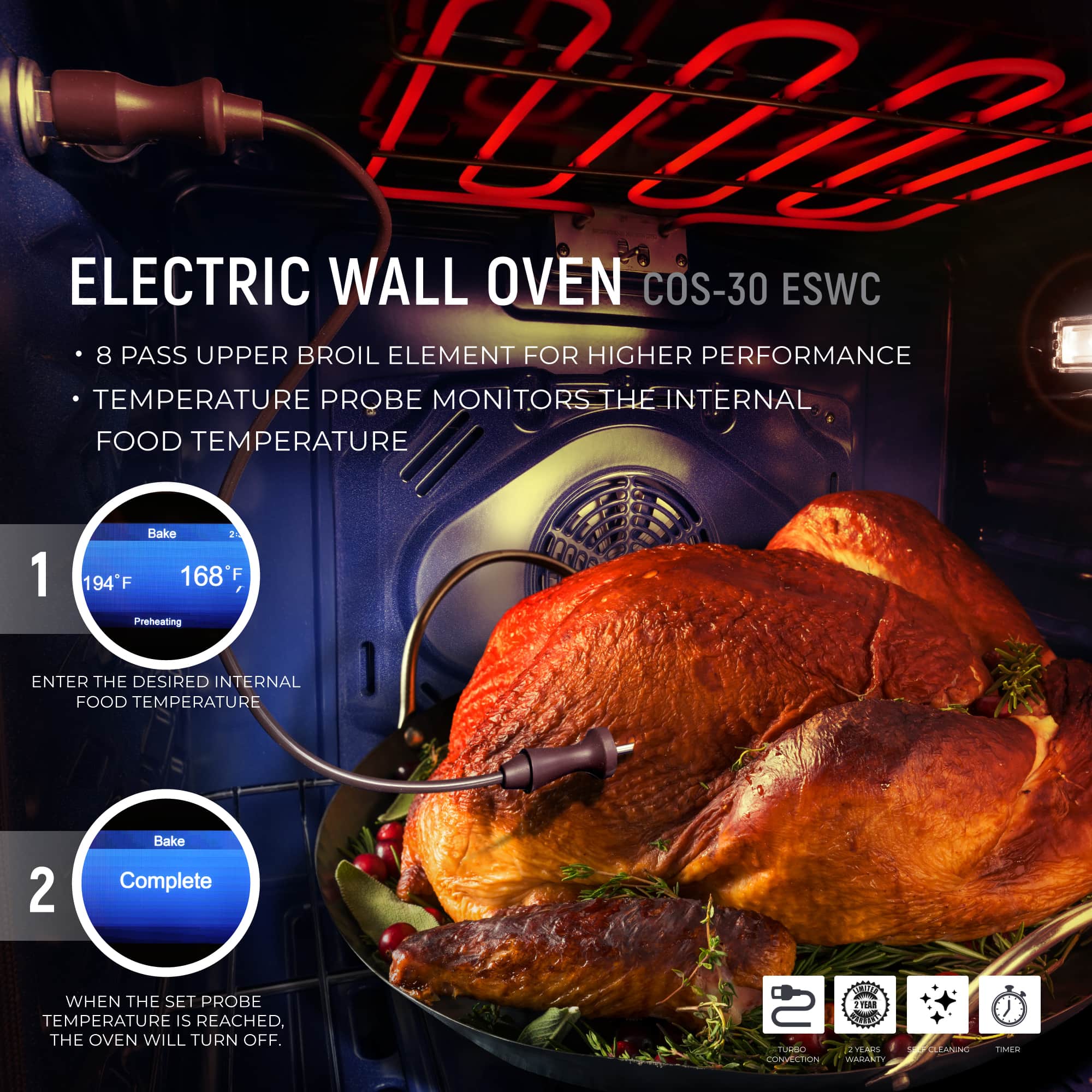 Electric wall oven with glowing red heating elements and open cooking chamber