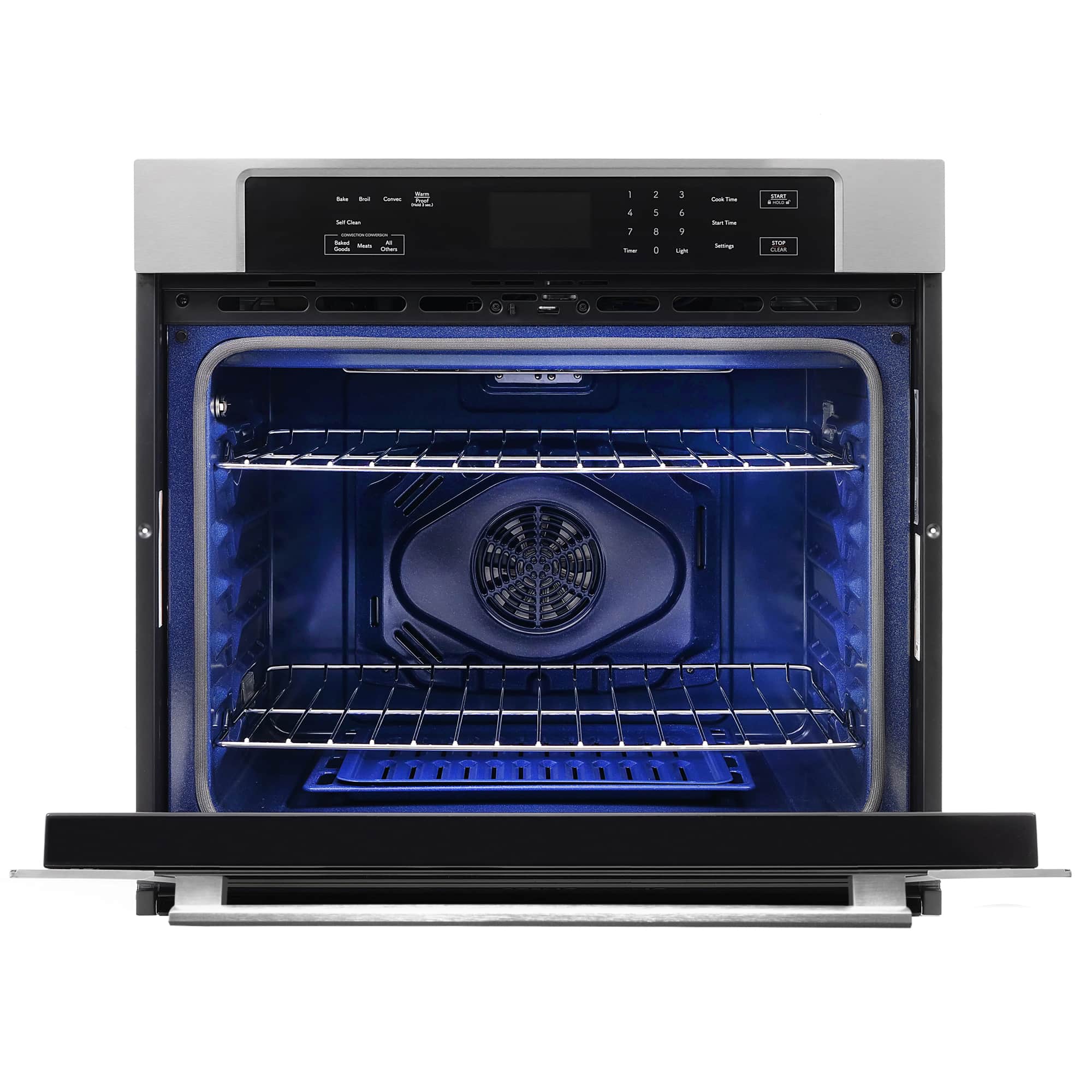 COSMO electric wall oven with door open showing interior fan and two oven racks