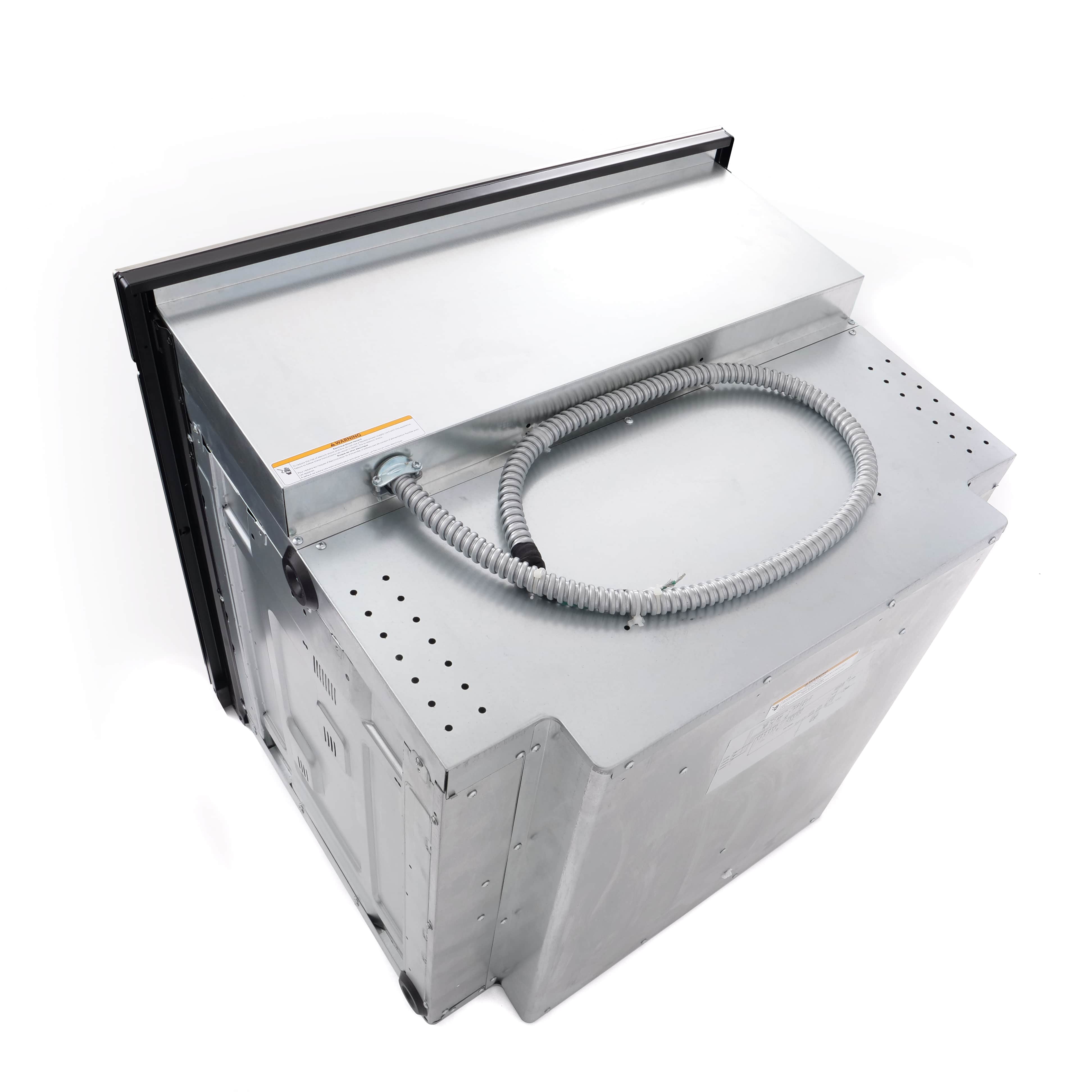 Stainless steel electric wall oven with open top panel and flexible conduit hose