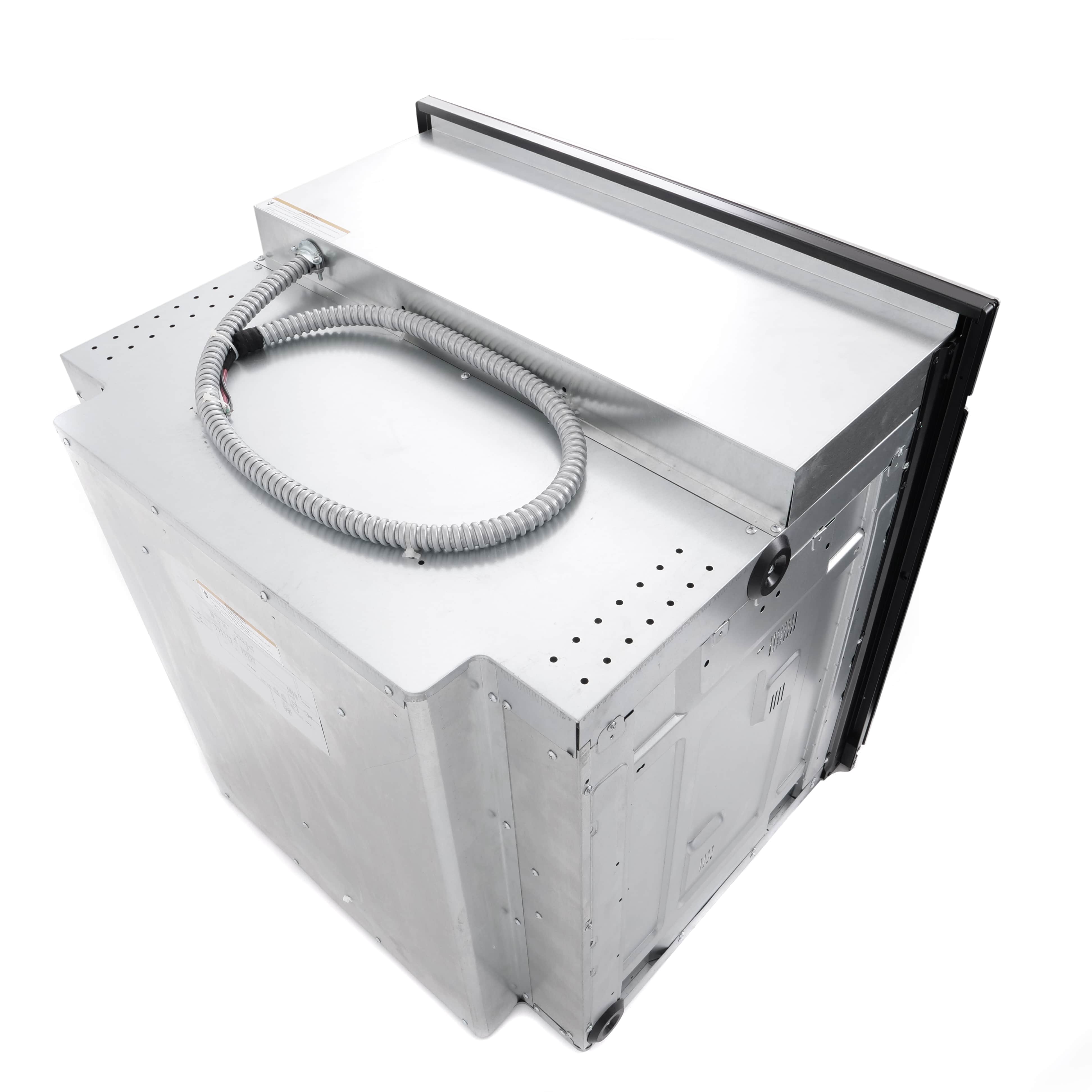 Stainless steel electric wall oven with open top cover and side control handle