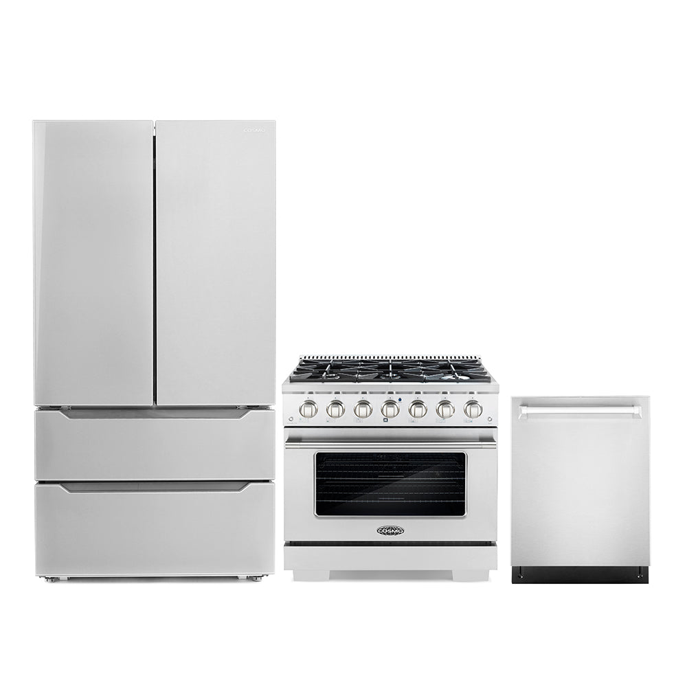 Stainless appliance package with French door refrigerator, 36-in gas range, and 24-in dishwasher