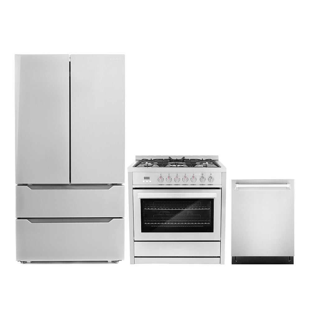 Stainless steel kitchen appliance package: french door refrigerator, dual-fuel range, dishwasher