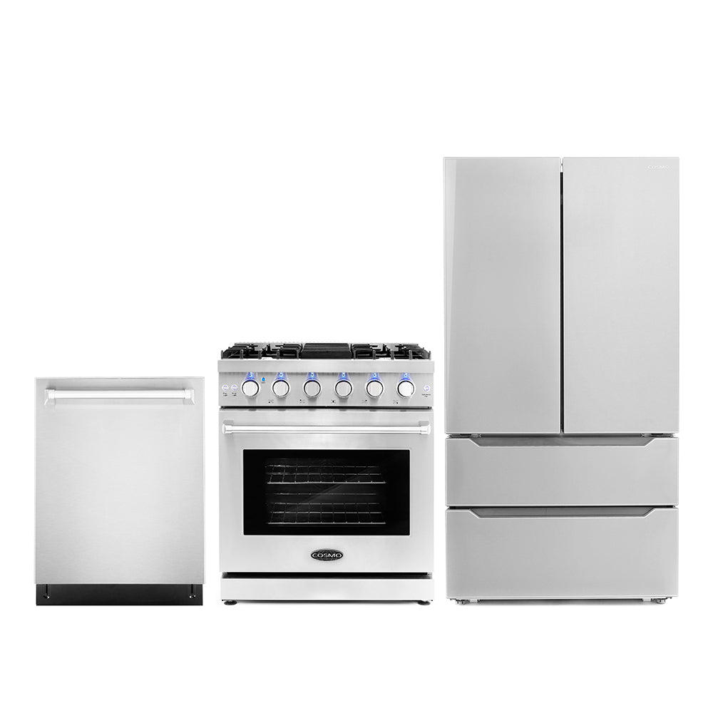 3-piece kitchen appliance set: stainless gas range, dishwasher, French-door refrigerator
