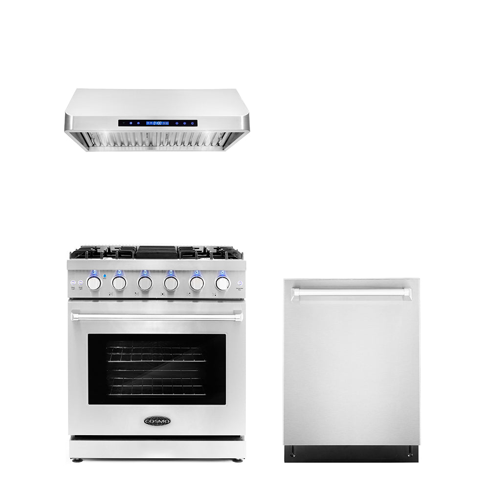 Stainless steel gas range with raised hood and dishwasher door
