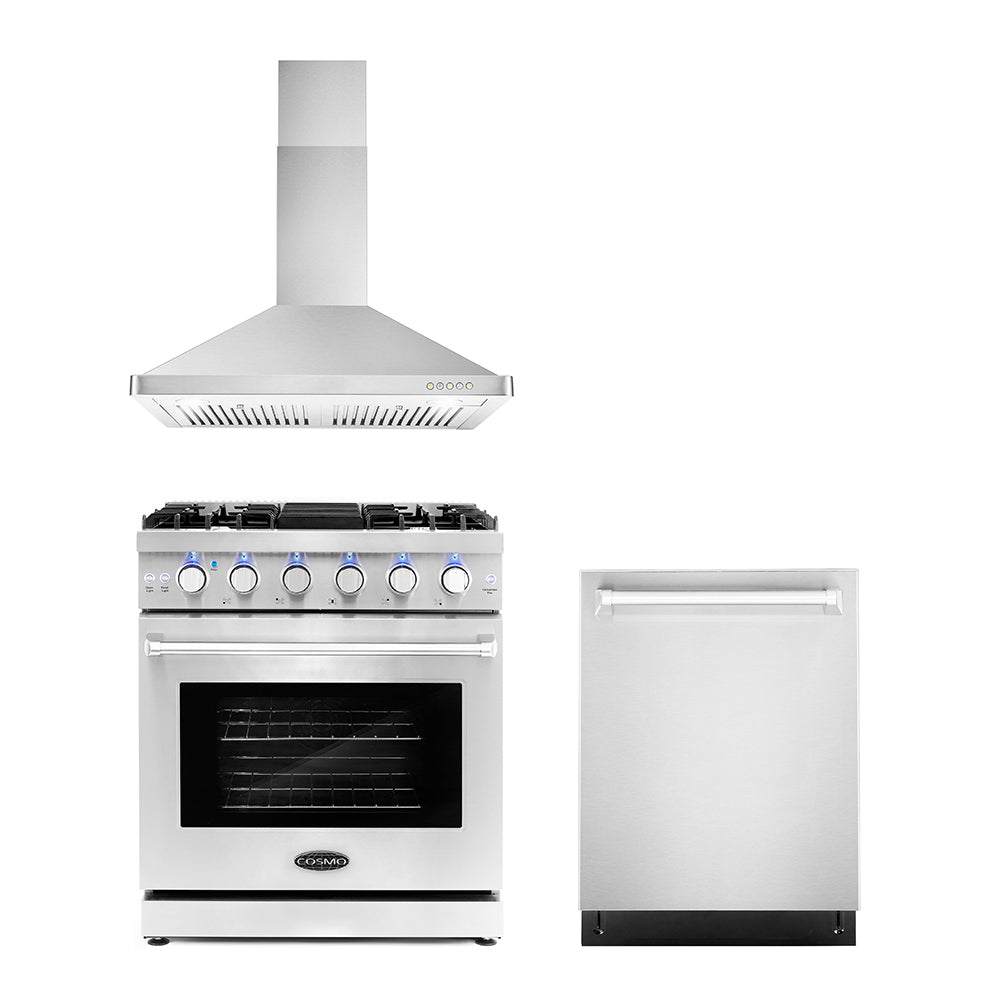 3-piece kitchen appliance package with gas range, wall hood, and dishwasher
