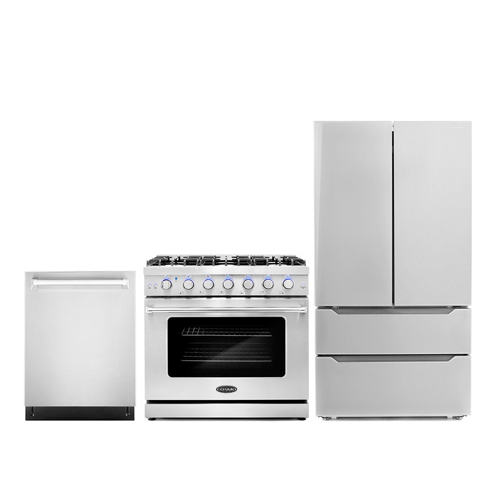 3-piece appliance package with gas range, dishwasher, and French-door refrigerator, white