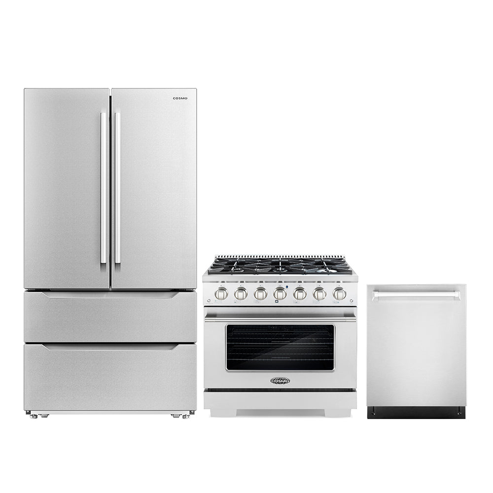 Stainless 3-piece appliance set: french door fridge, gas range, open dishwasher door